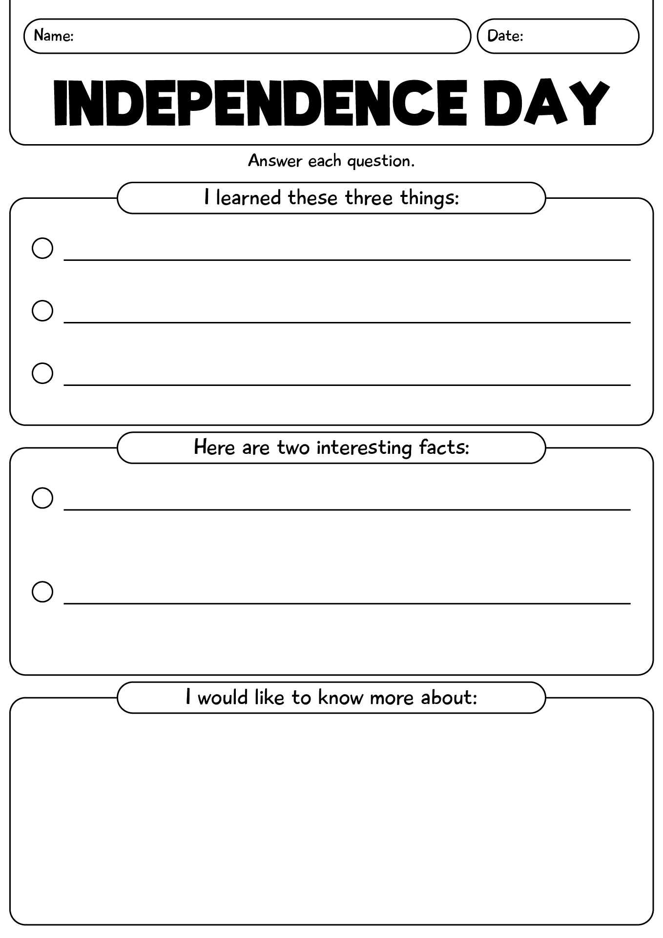 Independence Day Activity Worksheet