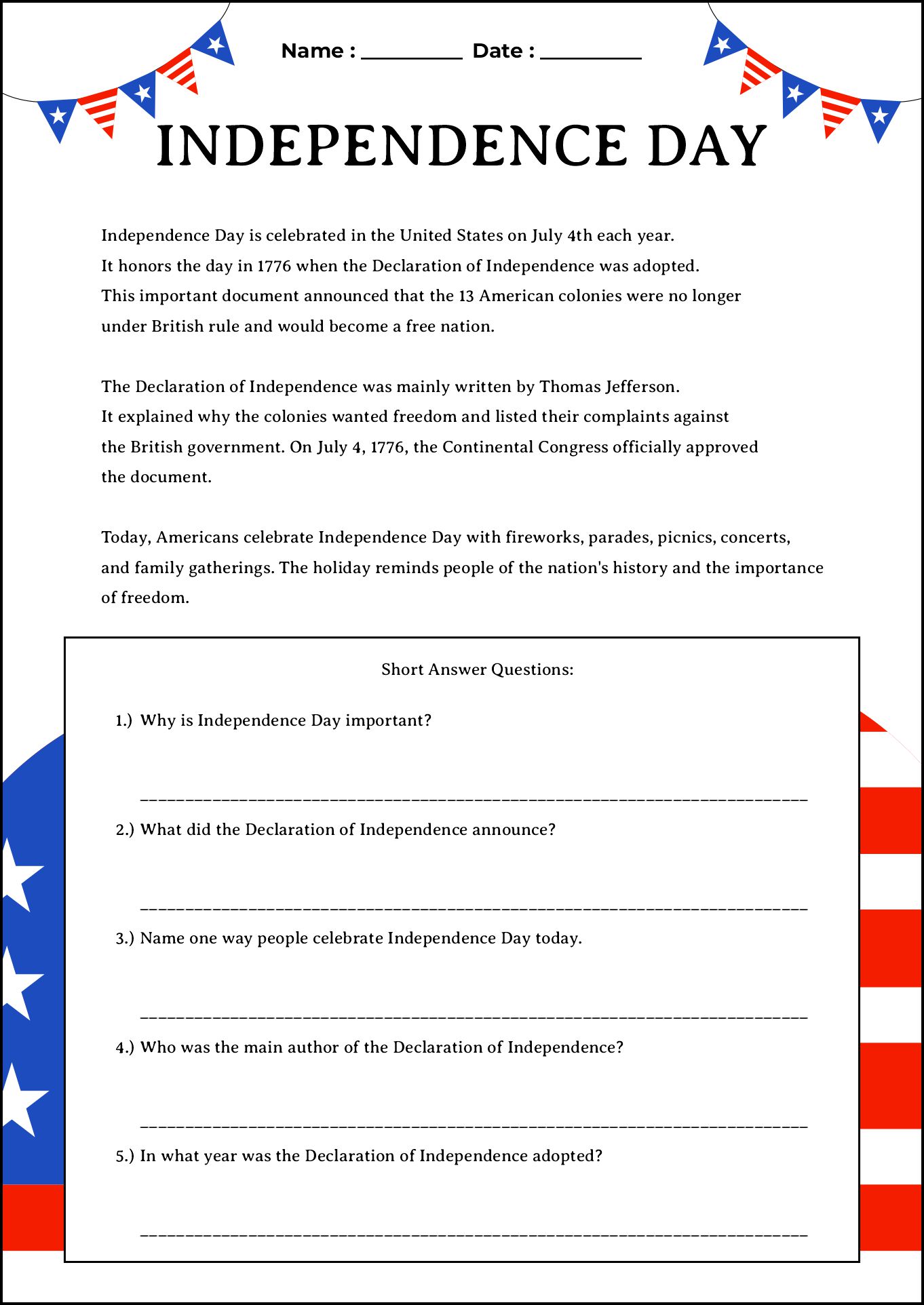 Independence Day History Worksheets