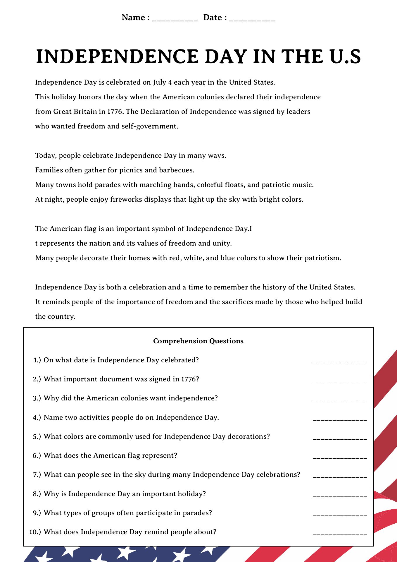 Independence Day Reading Comprehension Worksheets
