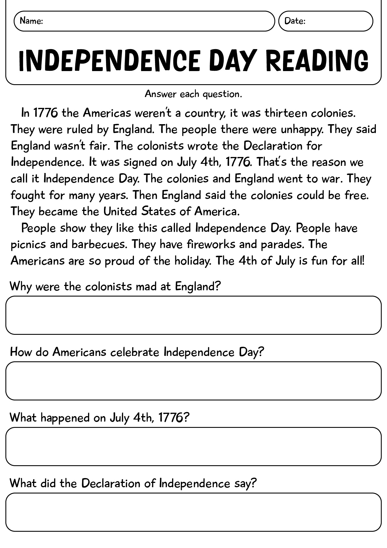 Independence Day Reading Worksheet