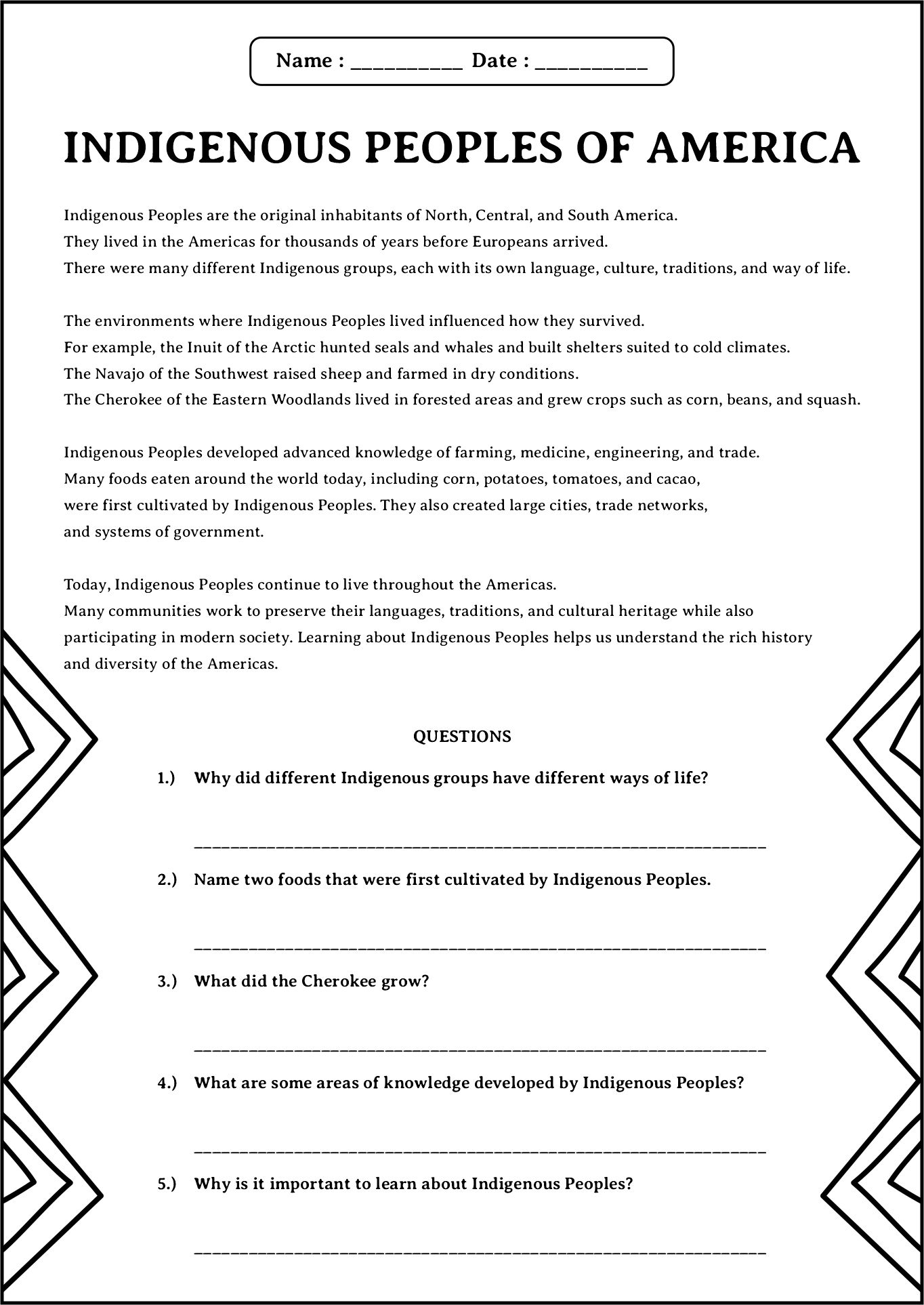 Indigenous Peoples of America Learning Activities