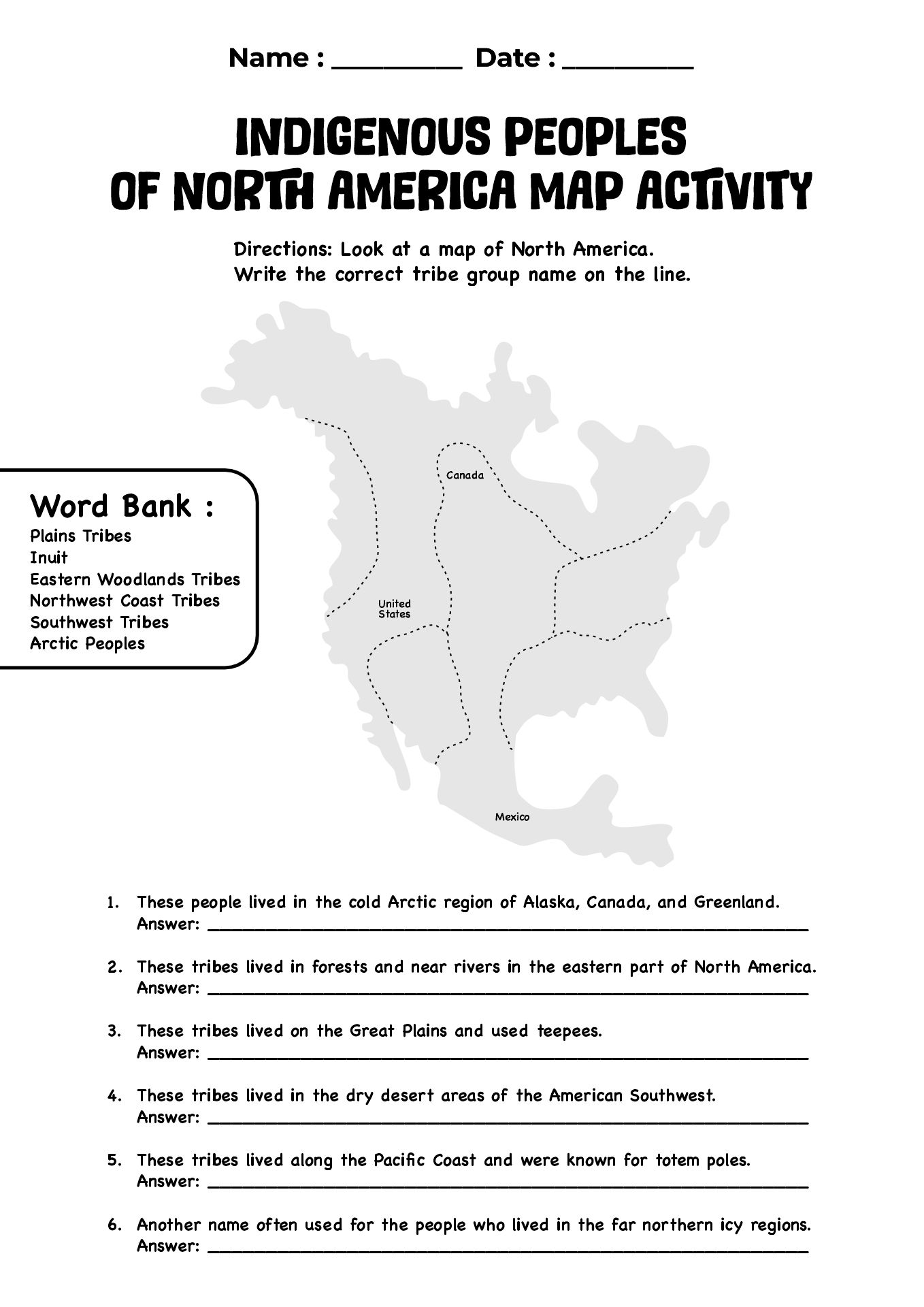 Indigenous Peoples of North America Map Activity