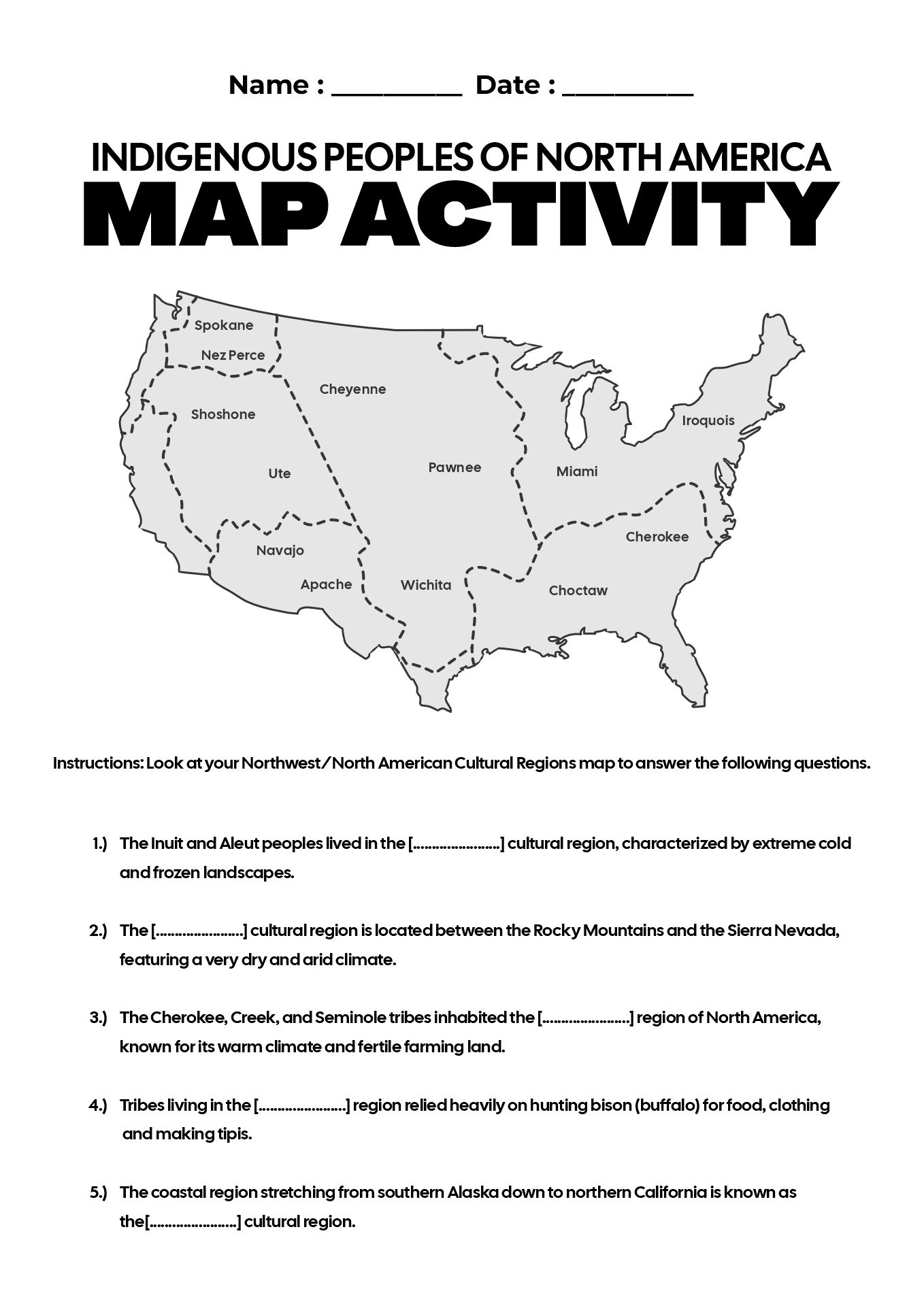 Indigenous Peoples of North America Map Activity