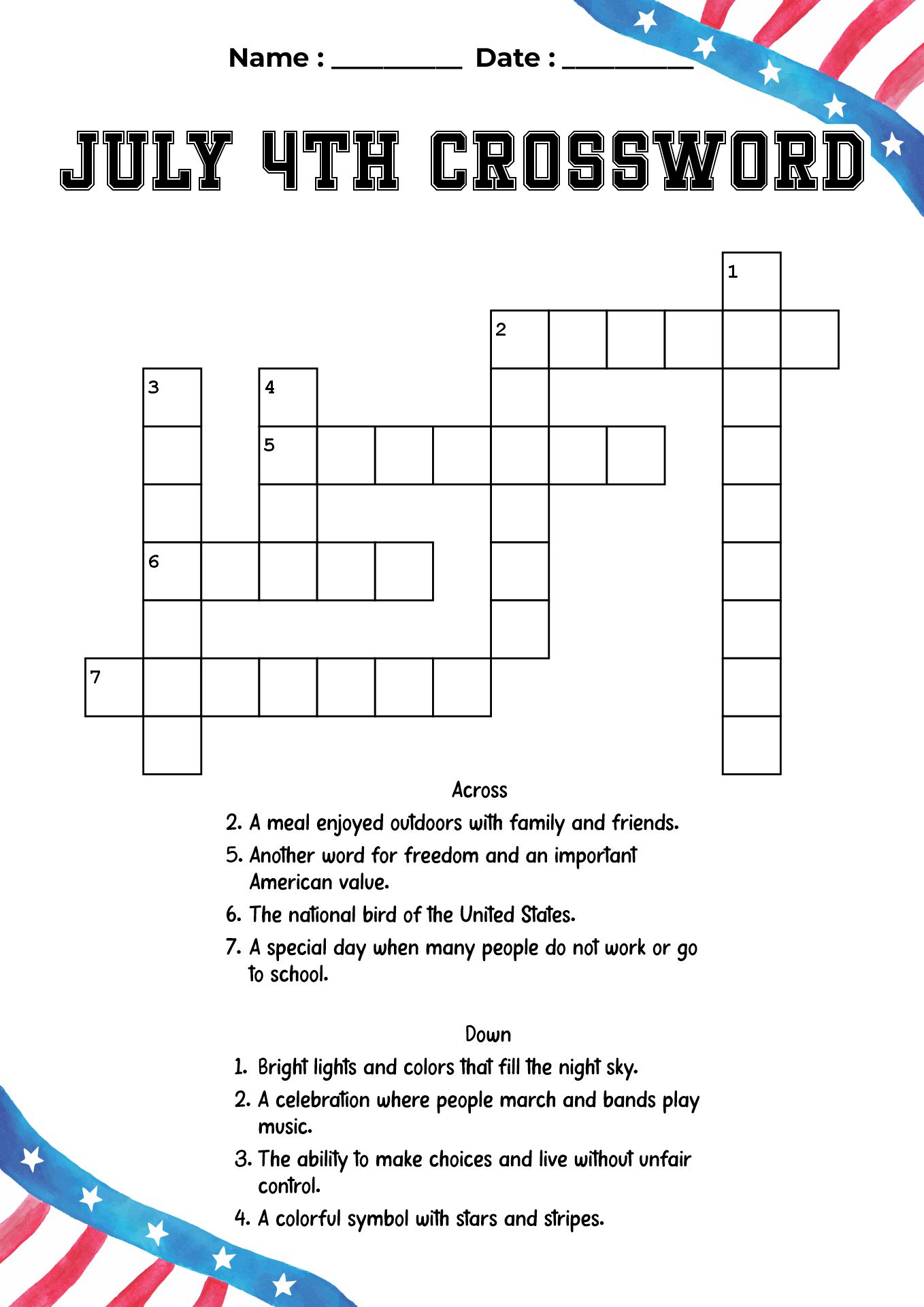July 4th Crossword Puzzles for Kids