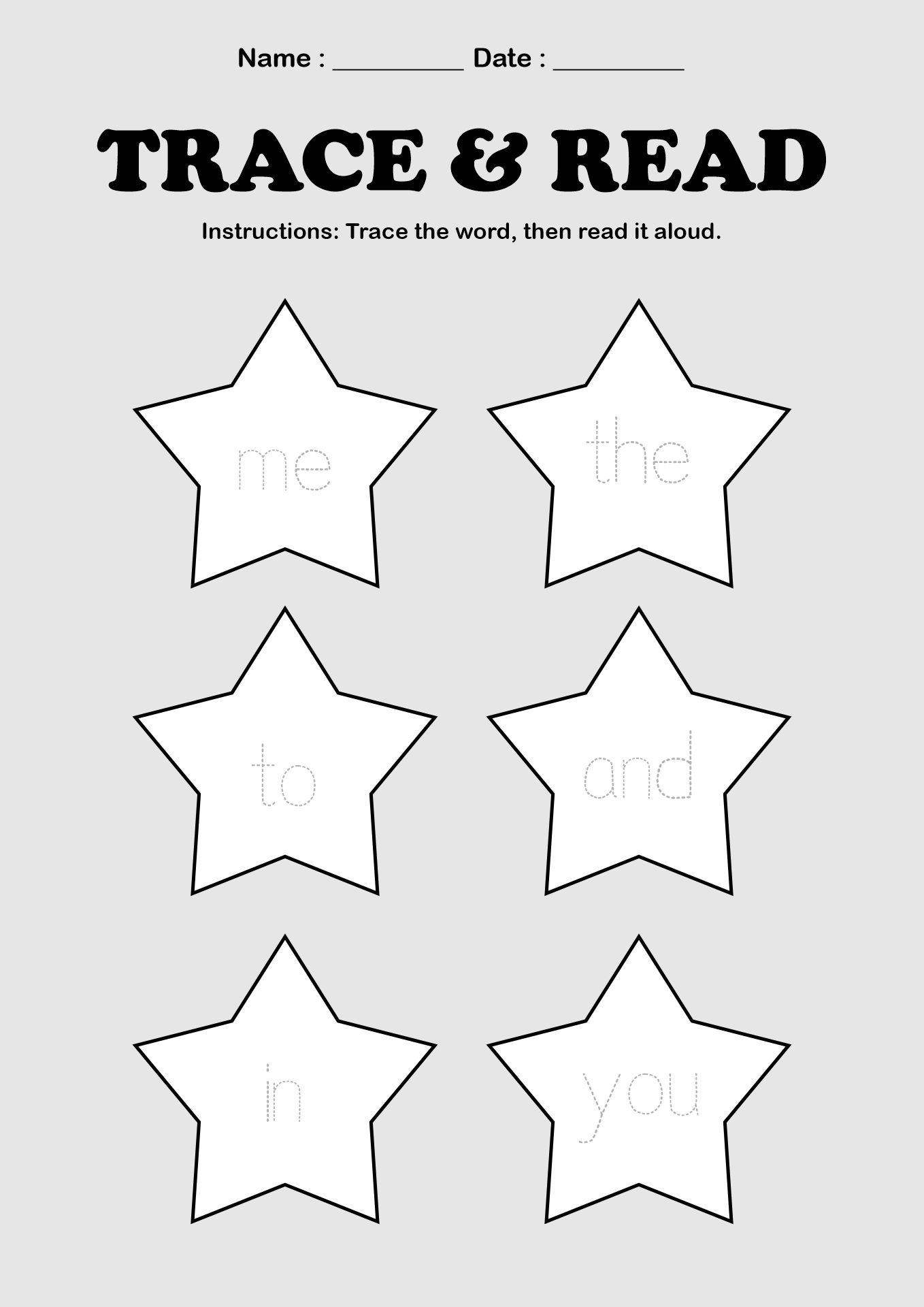 Kindergarten Sight Words Practice for First Day of School