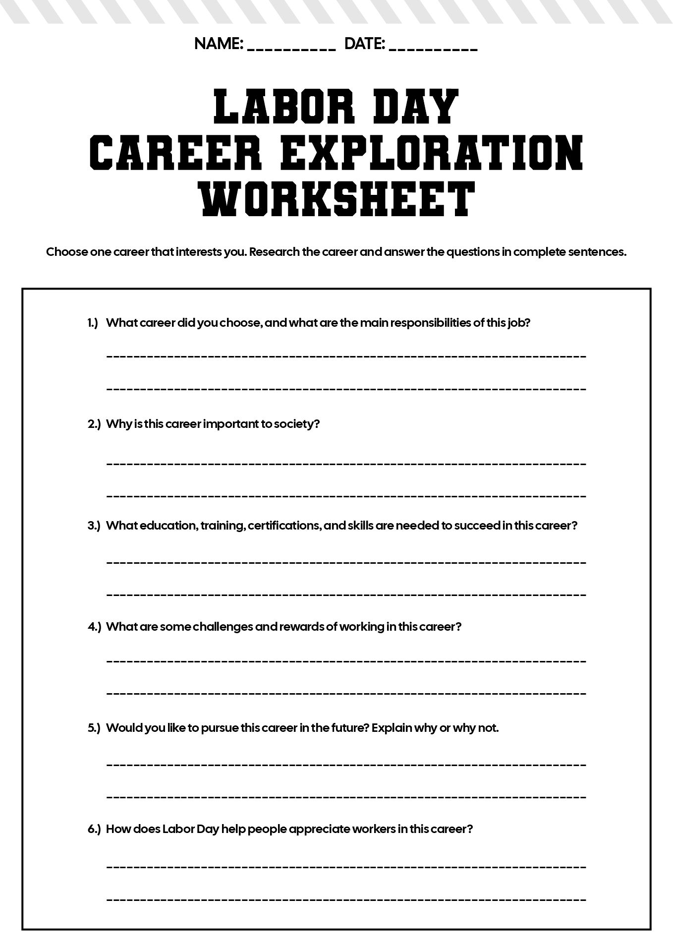 Labor Day Career Exploration Sheets for High School