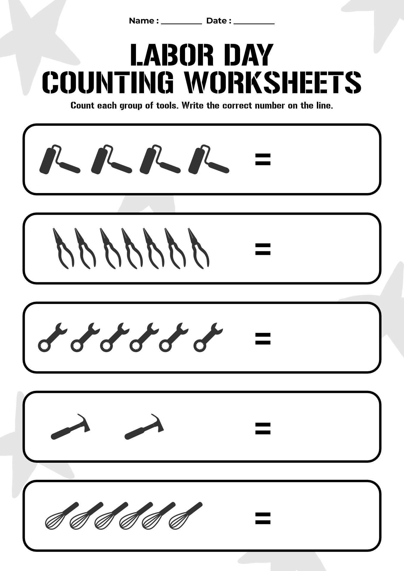 Labor Day Counting Worksheets for Toddlers