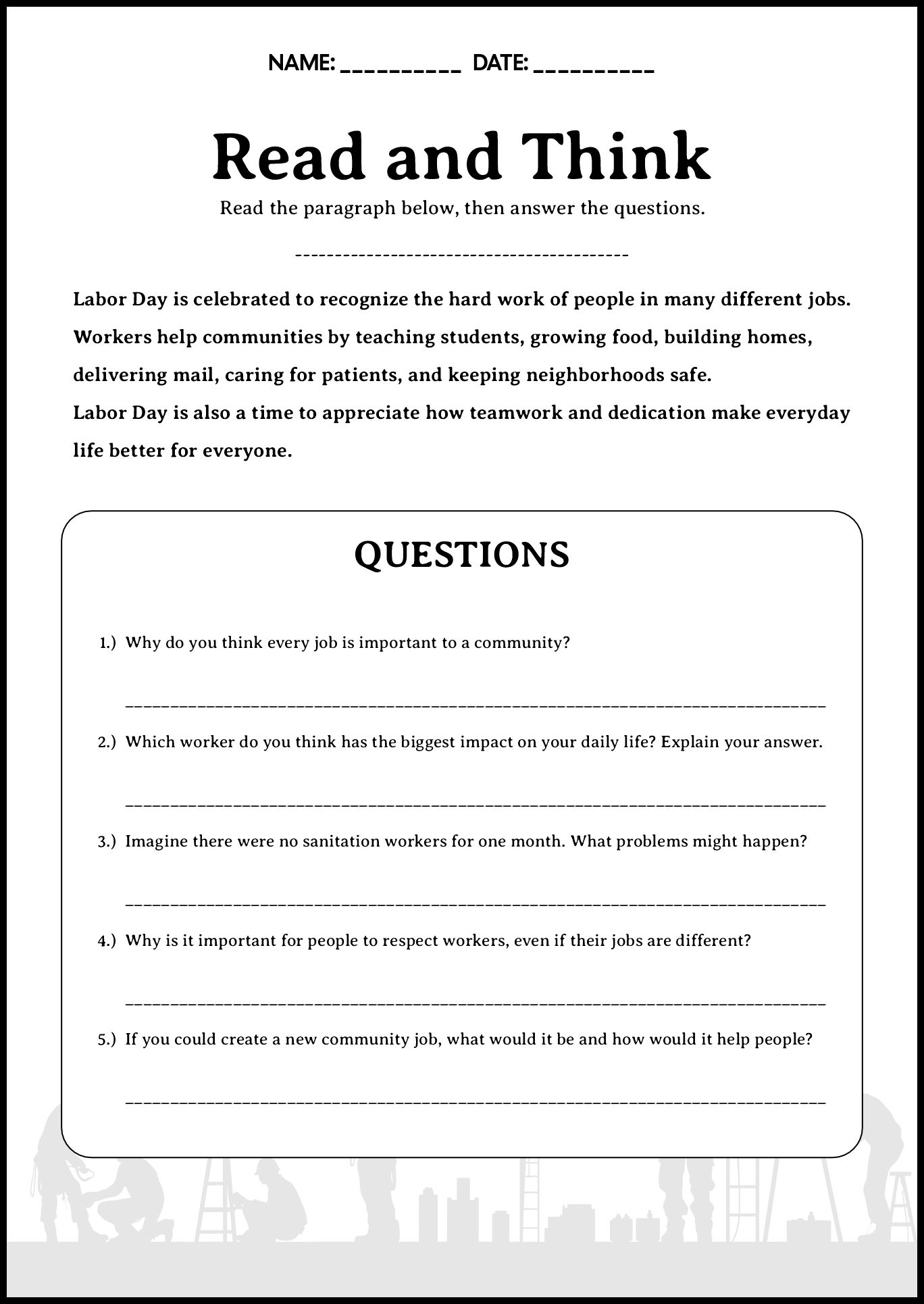 Labor Day Critical Thinking Exercises for Students