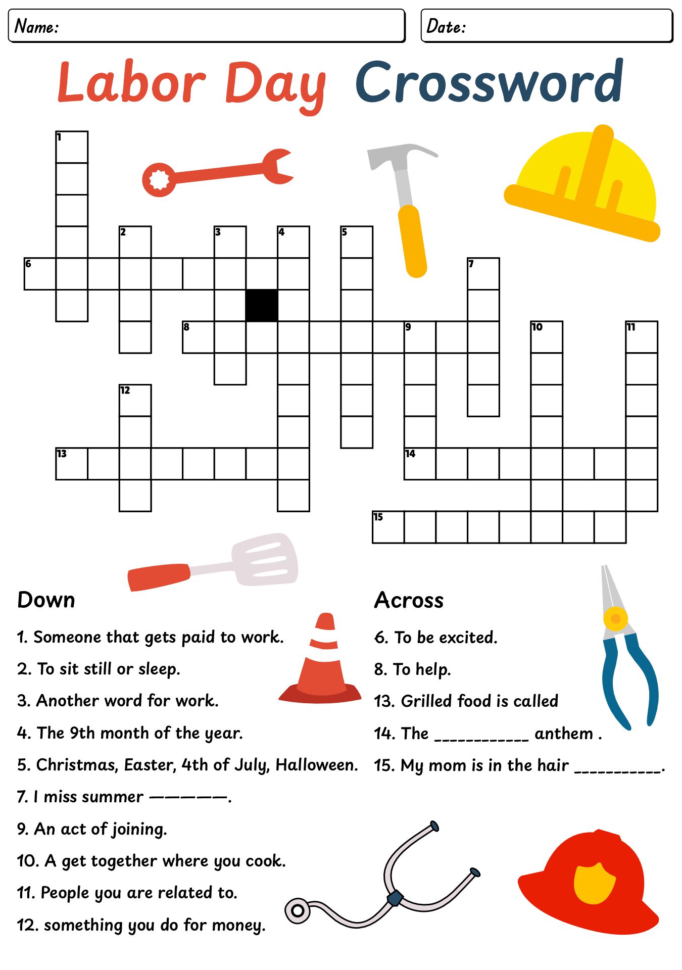 Labor Day Crossword Puzzle for Grade 3