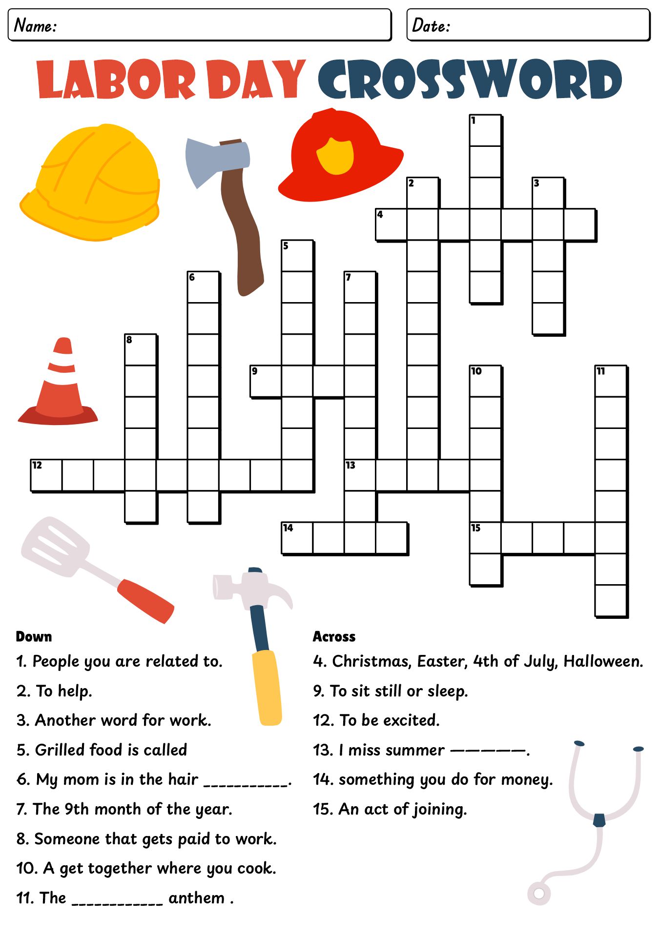 Labor Day Crossword Puzzle for Third Grade