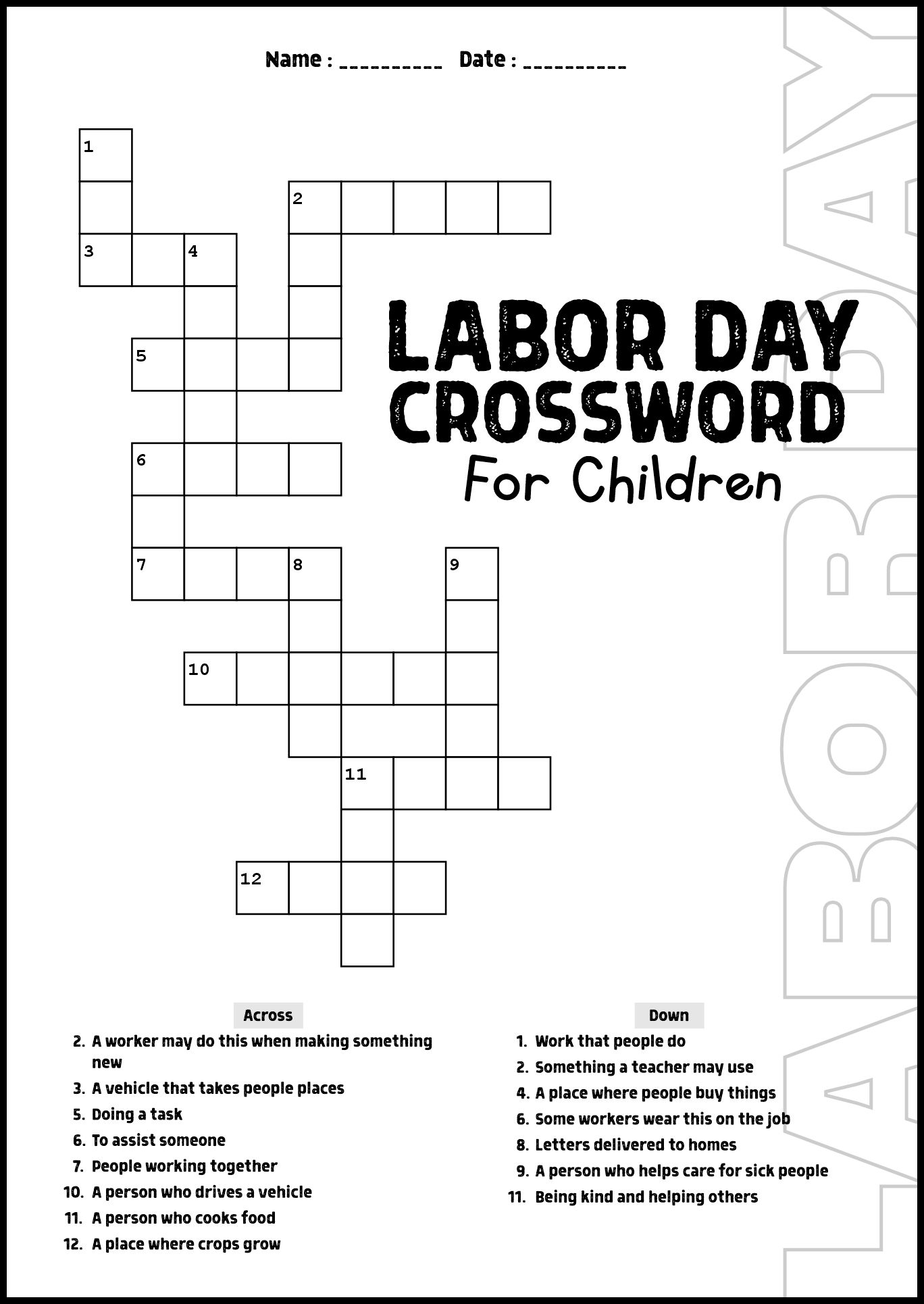 Labor Day Crossword Puzzles for Children