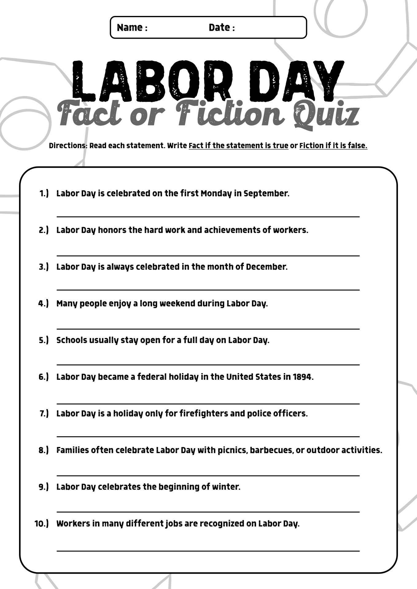 Labor Day Fact or Fiction Quiz Worksheet