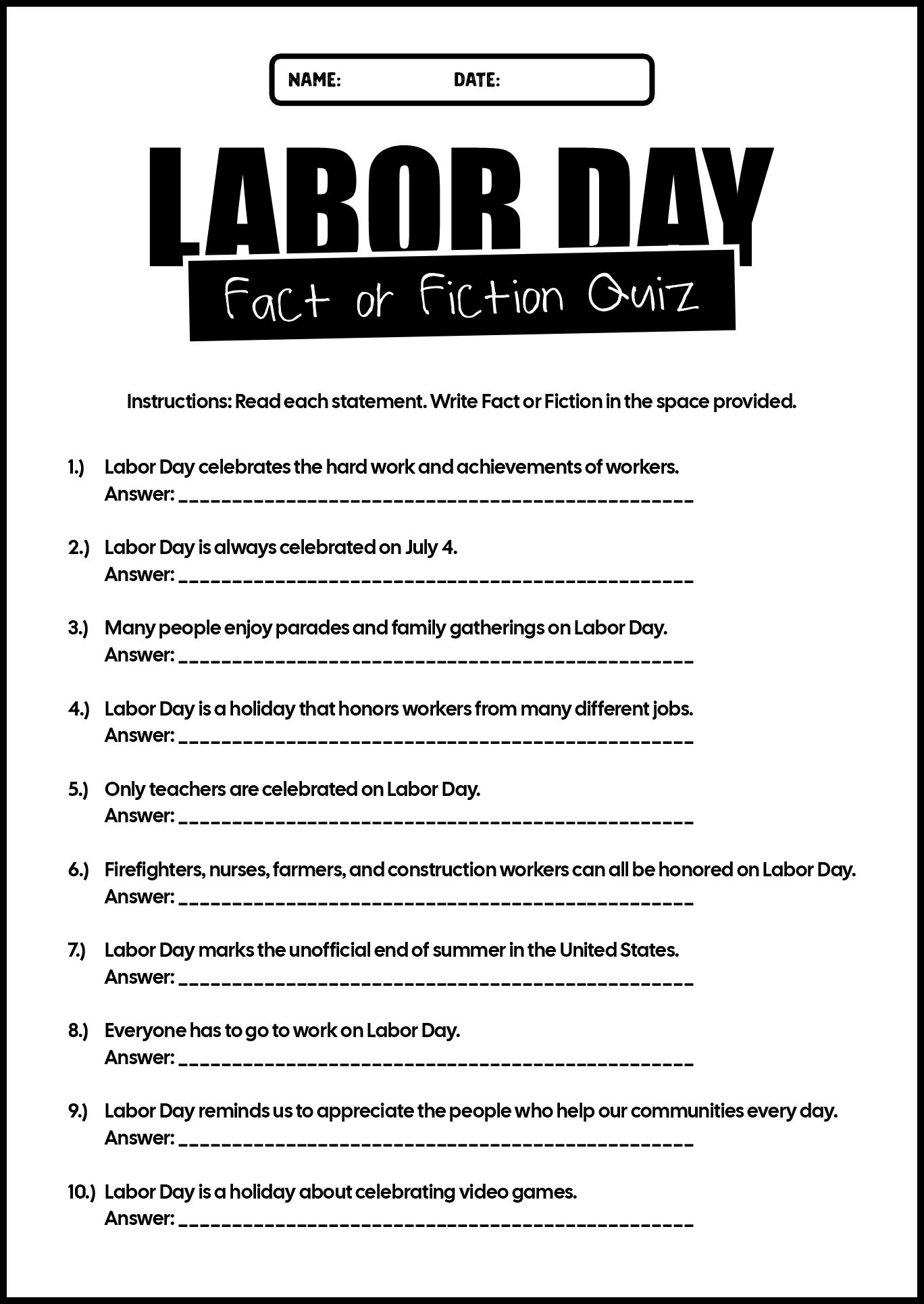 Labor Day Fact or Fiction Quizzes for Classroom