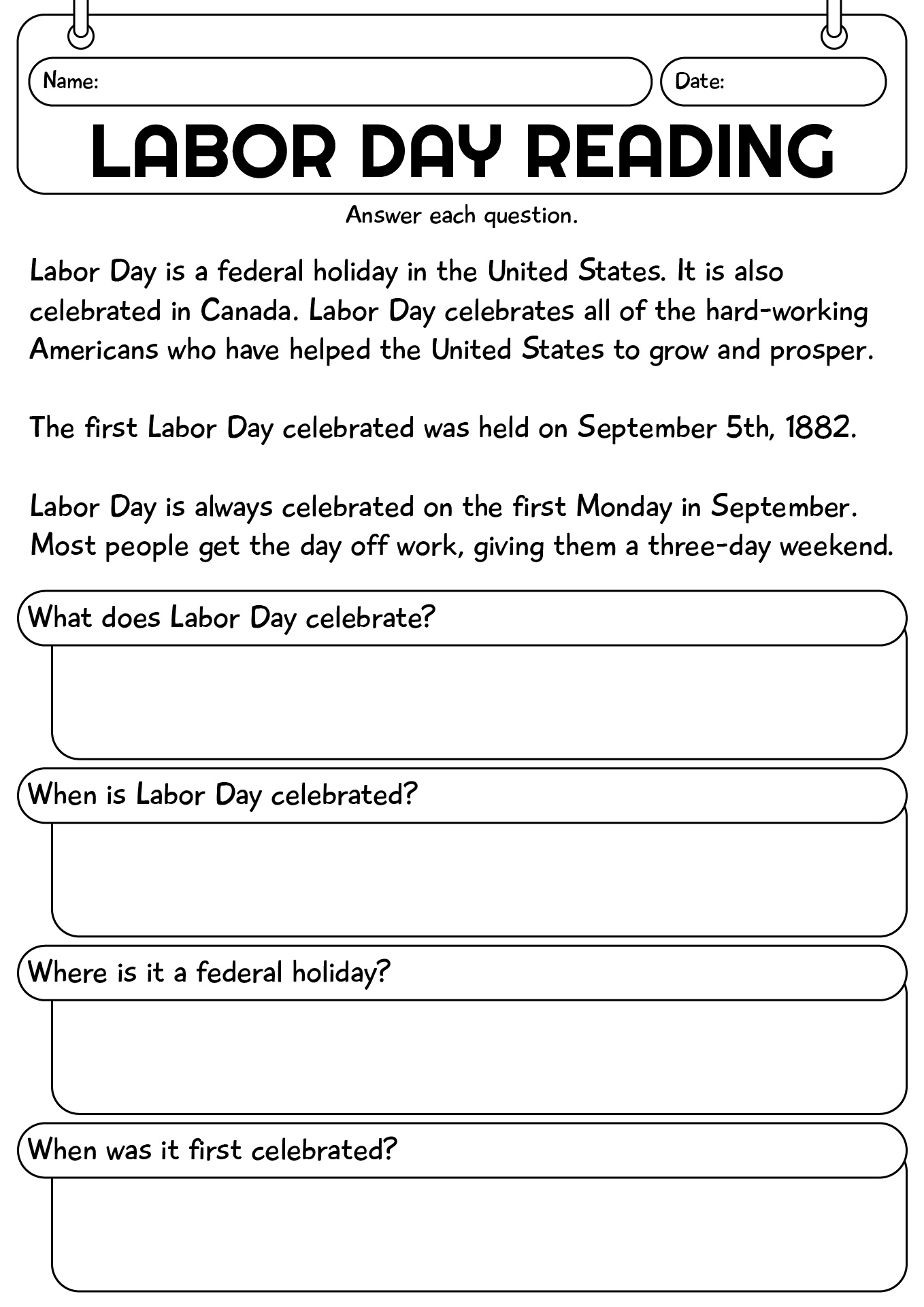 Labor Day Fun Reading Worksheet