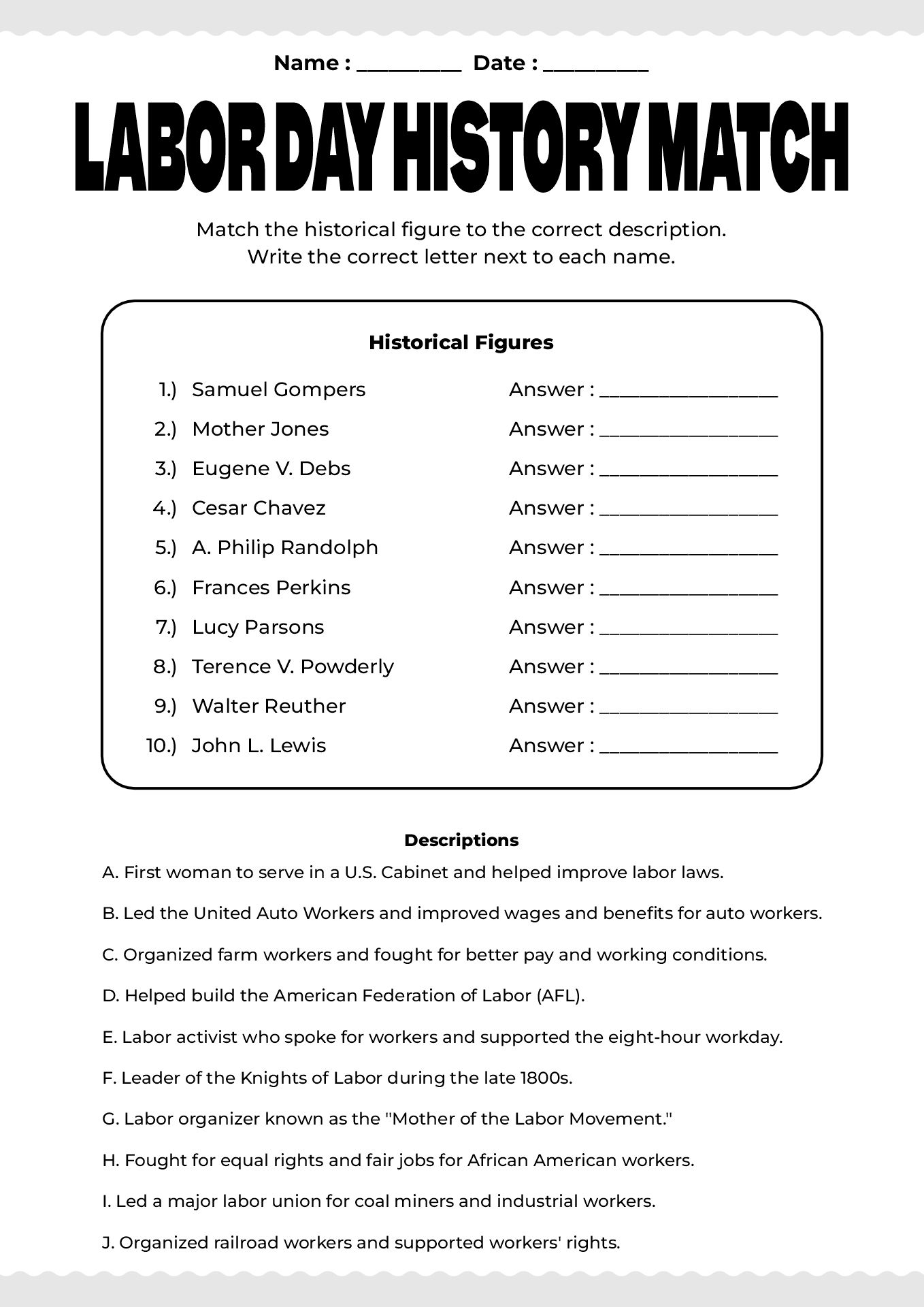 Labor Day Historical Figures Puzzle Worksheet