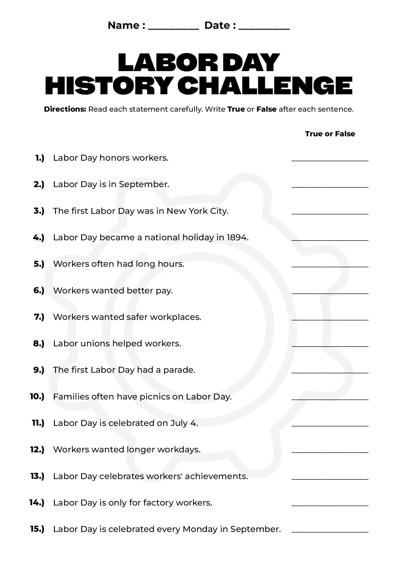 Labor Day History Challenge Worksheet
