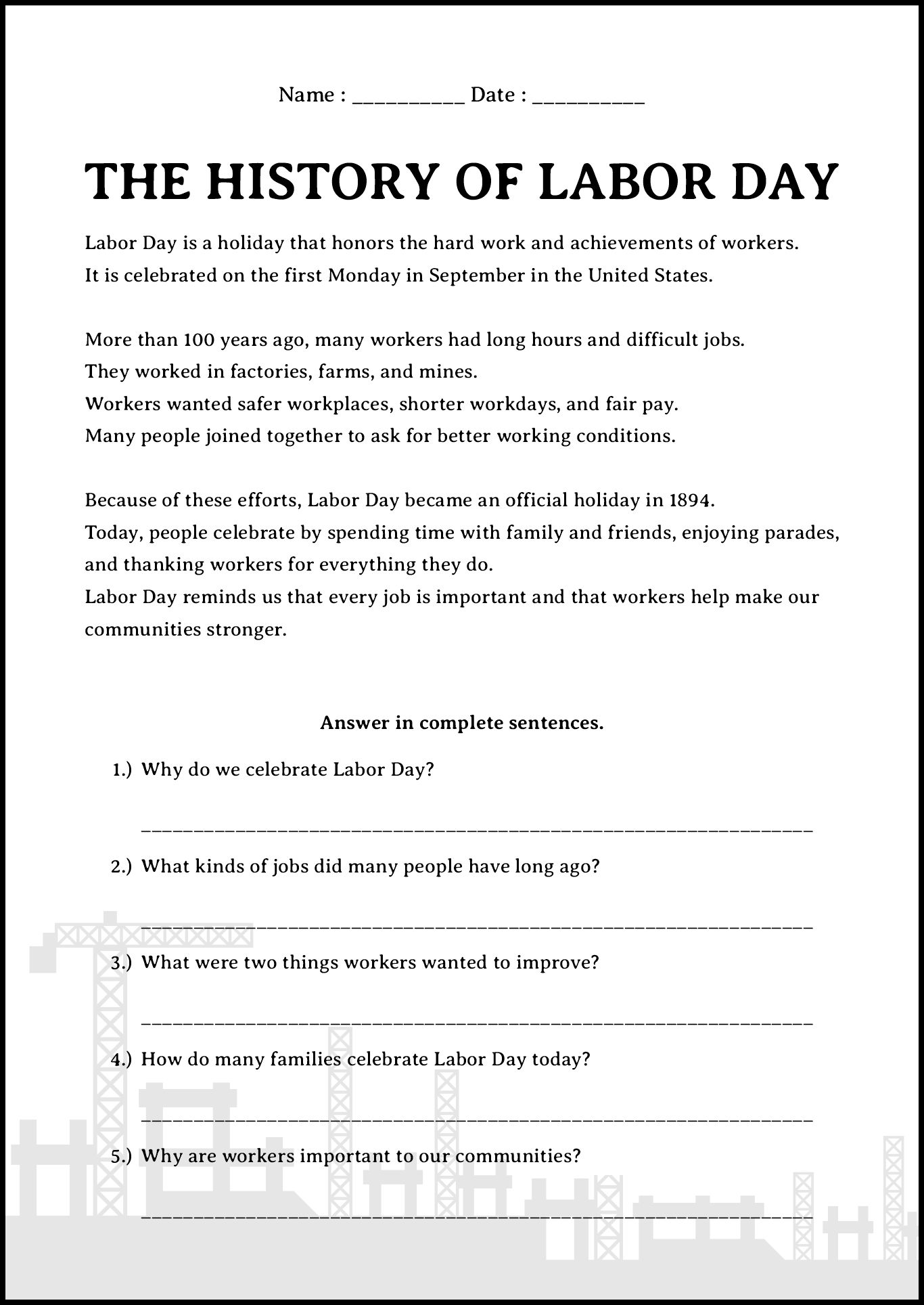 Labor Day History Comprehension Worksheets