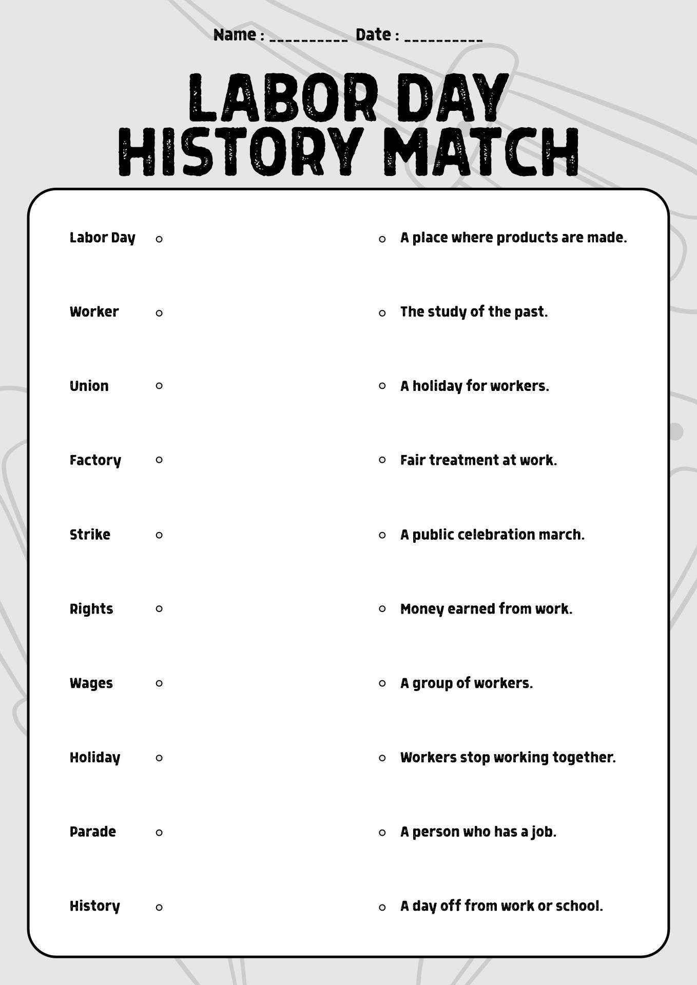 Labor Day History Match Worksheet for Students