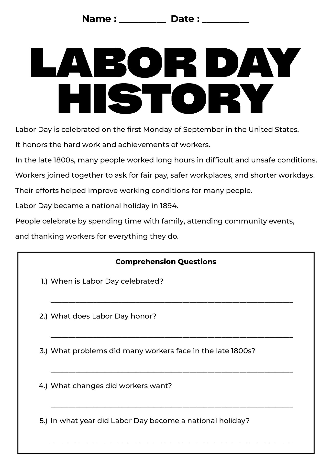 Labor Day History Printable Worksheet