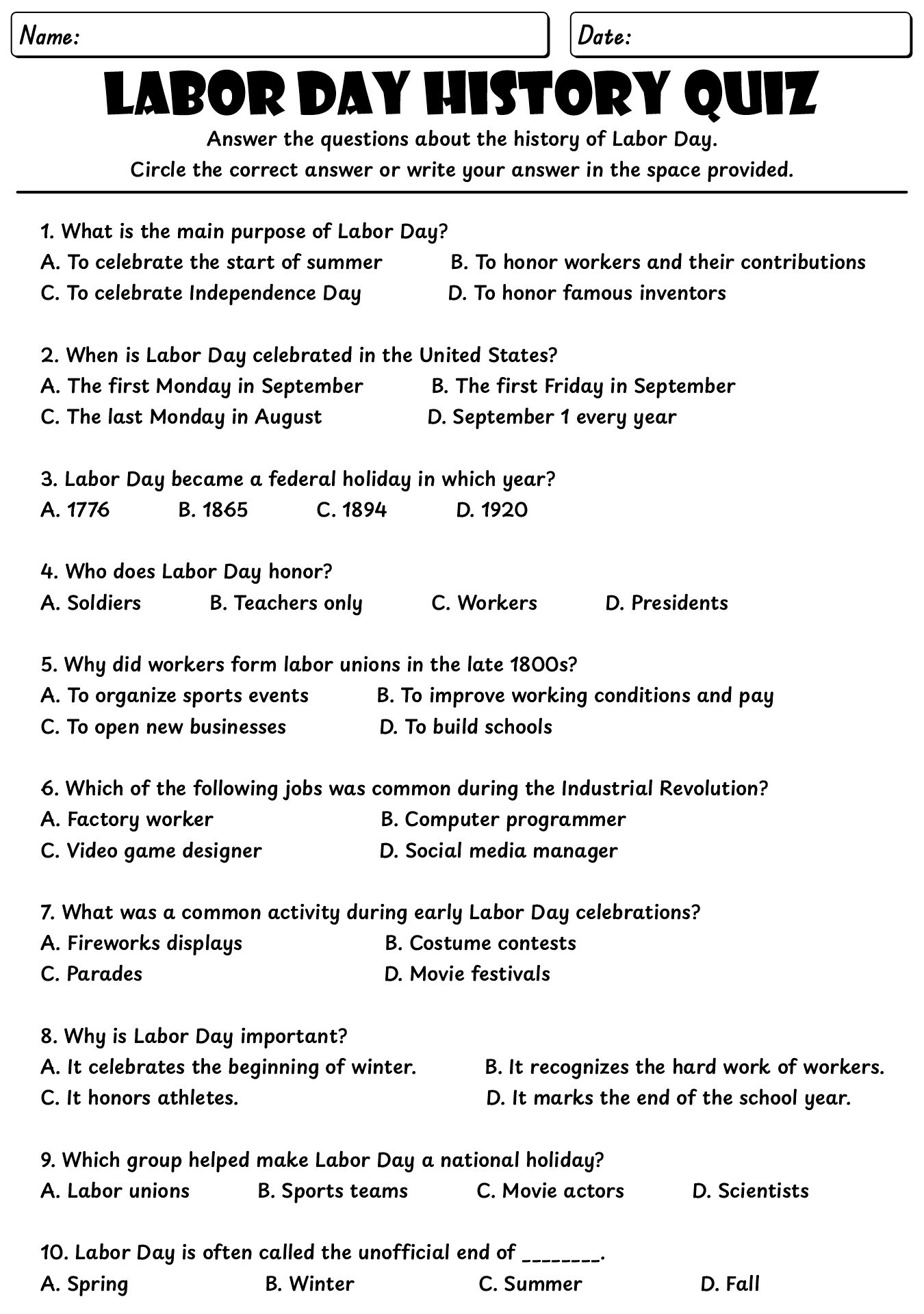 Labor Day History Quiz Worksheet for 5th Grade