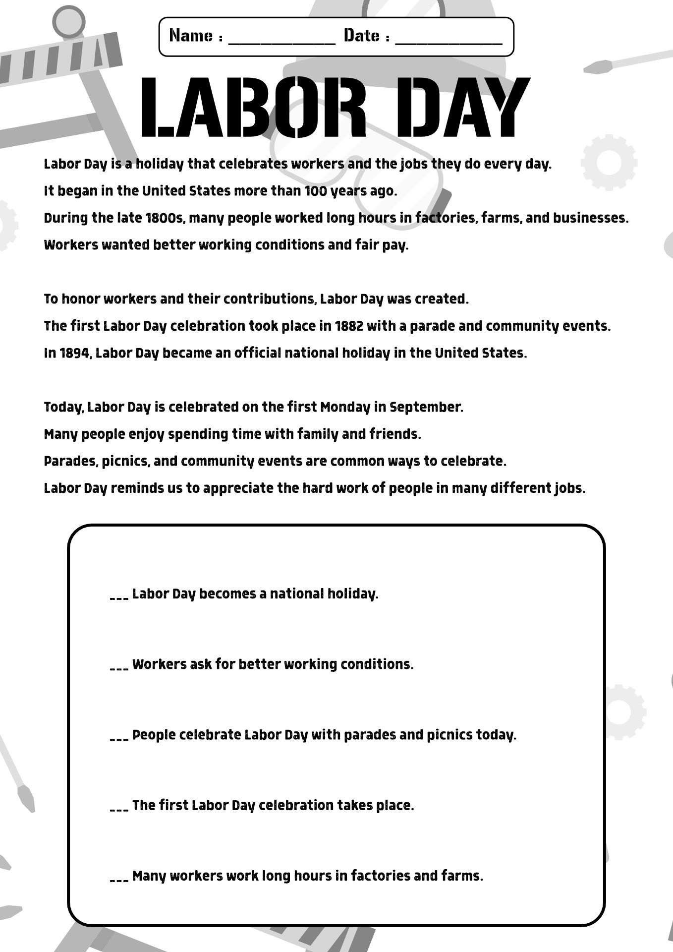 Labor Day History Worksheets for Elementary Students