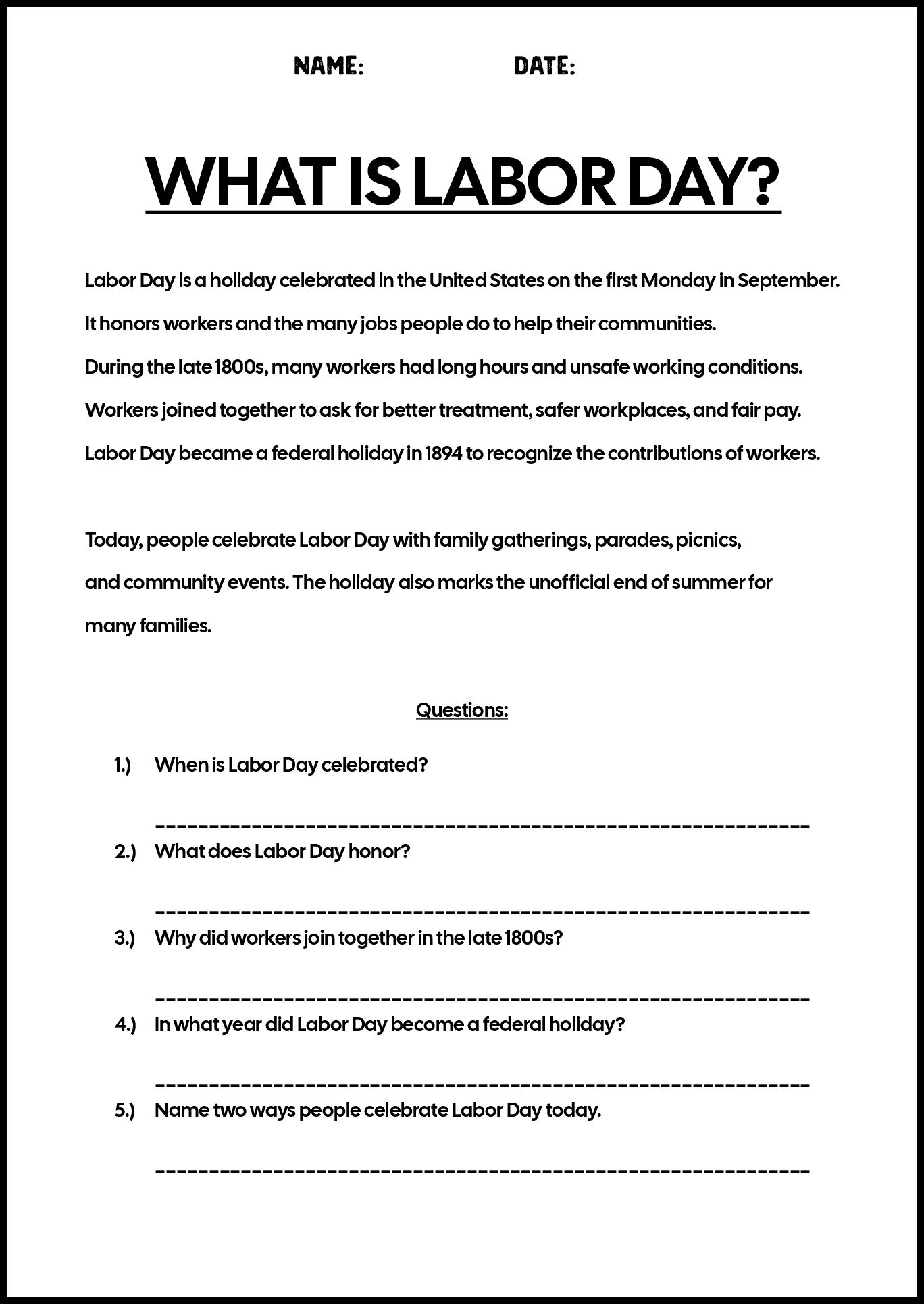 Labor Day History Worksheets for Elementary Students