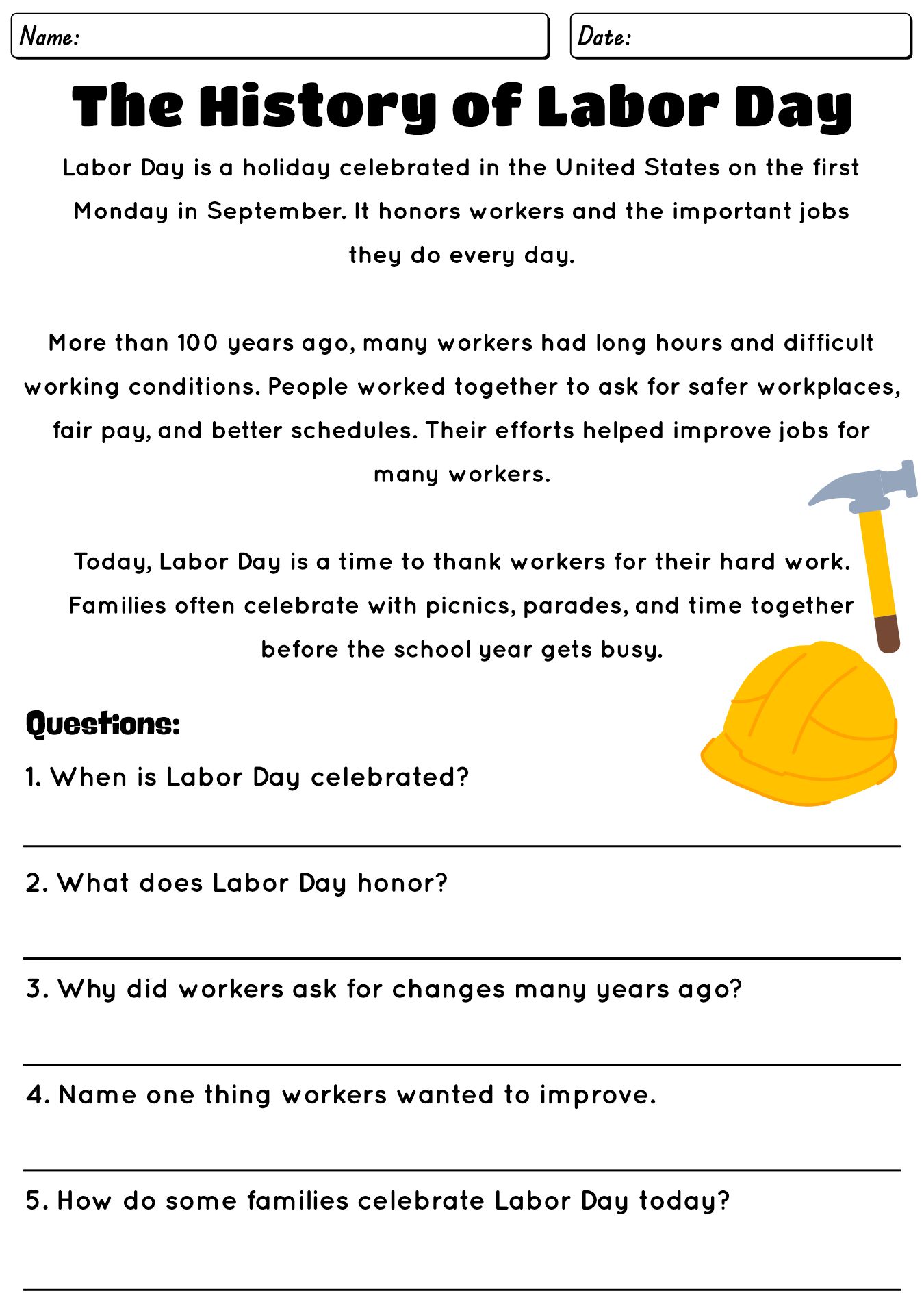 Labor Day History Worksheets for Kids