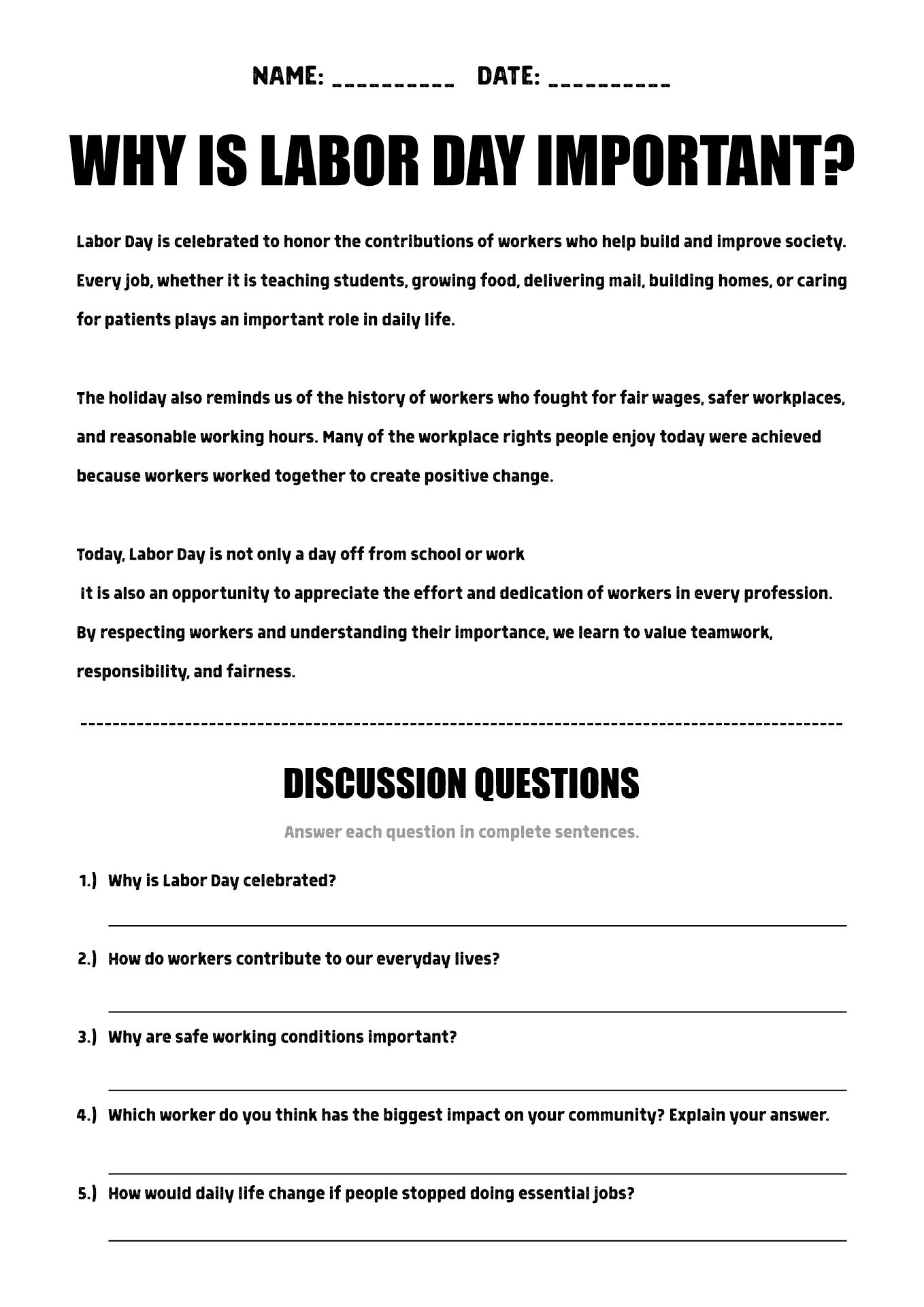Labor Day Importance Discussion Worksheets Grade 8