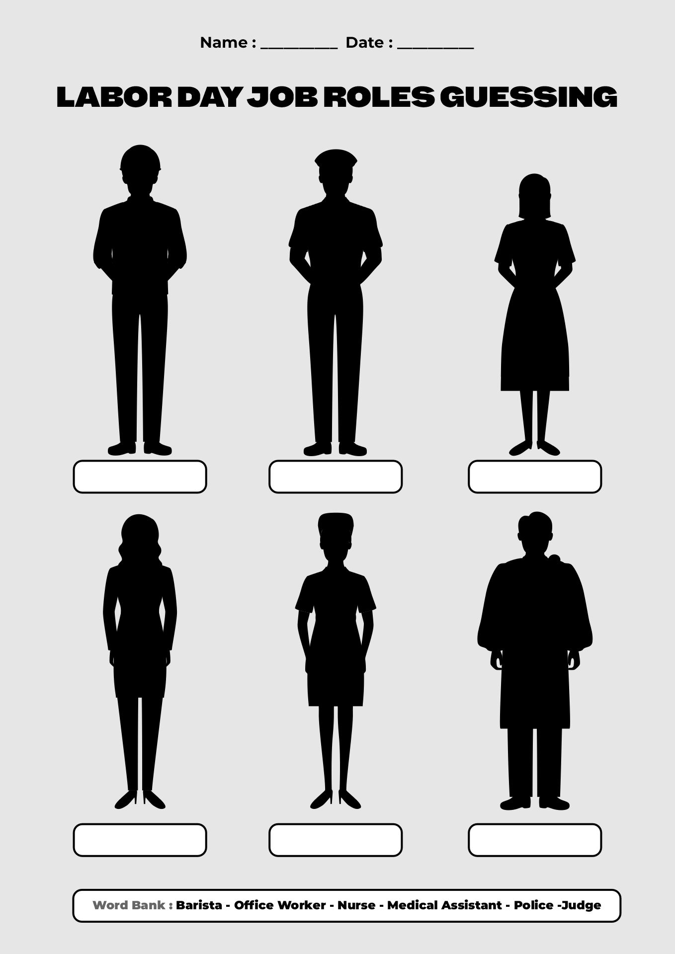 Labor Day Job Roles Guessing Worksheet