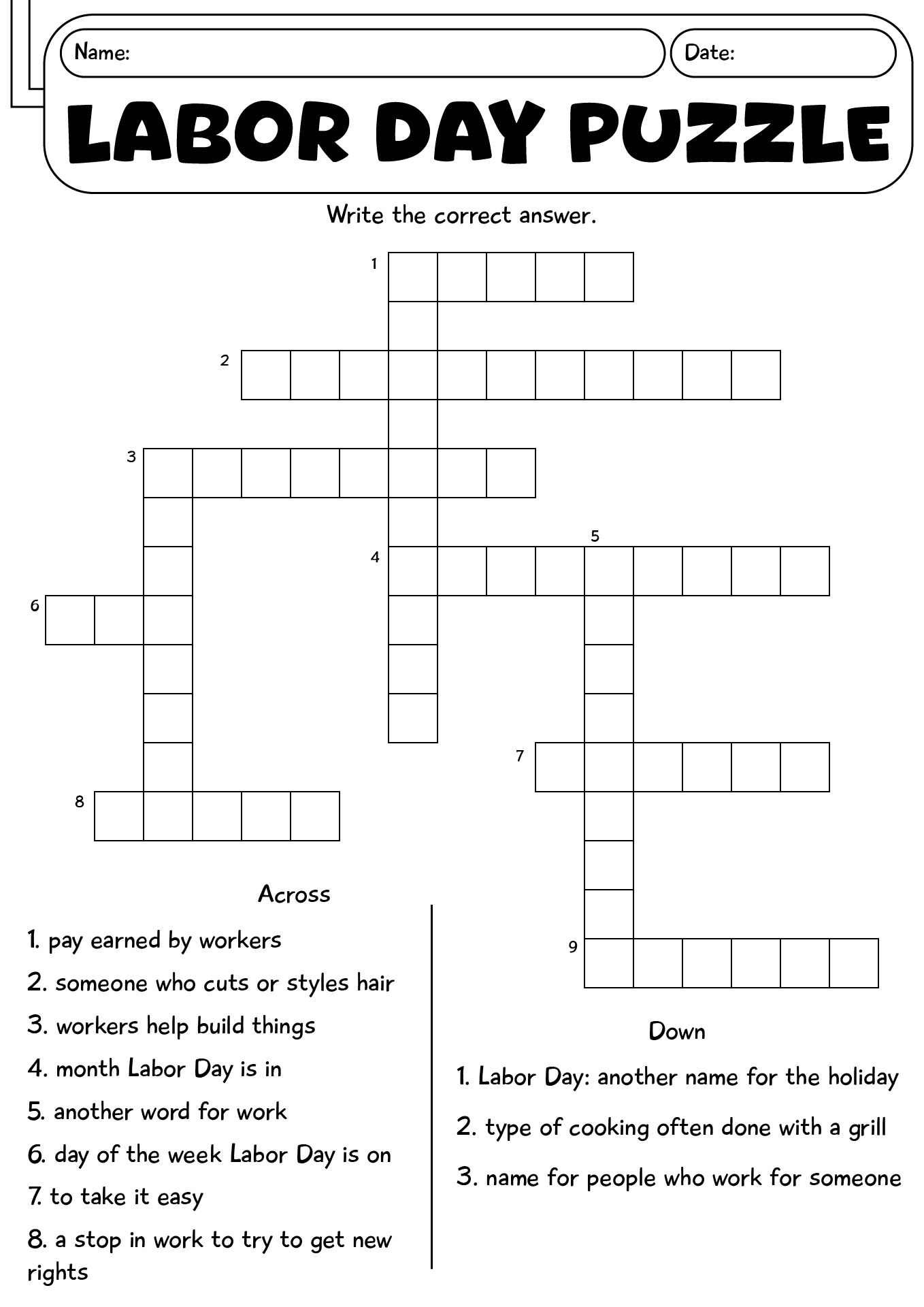 Labor Day Puzzle Worksheets