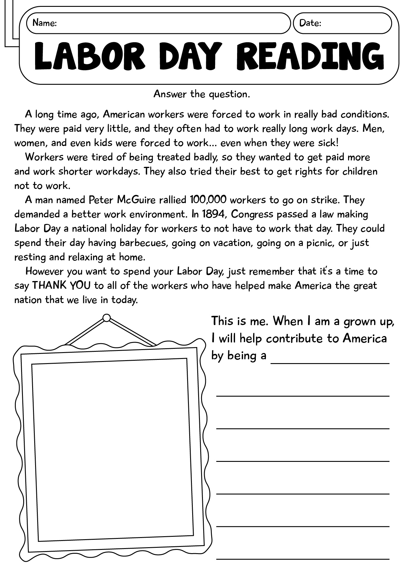 Labor Day Reading 4th Grade Worksheets