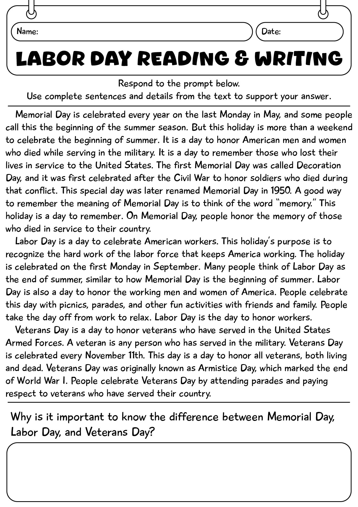 Labor Day Reading And Writing Worksheet