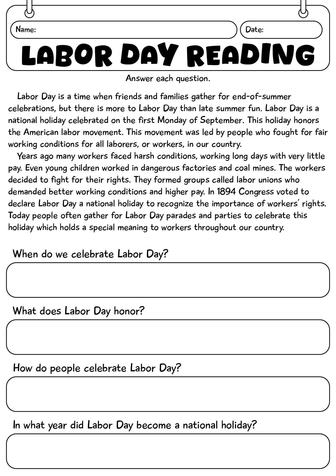 Labor Day Reading Comprehension Worksheet