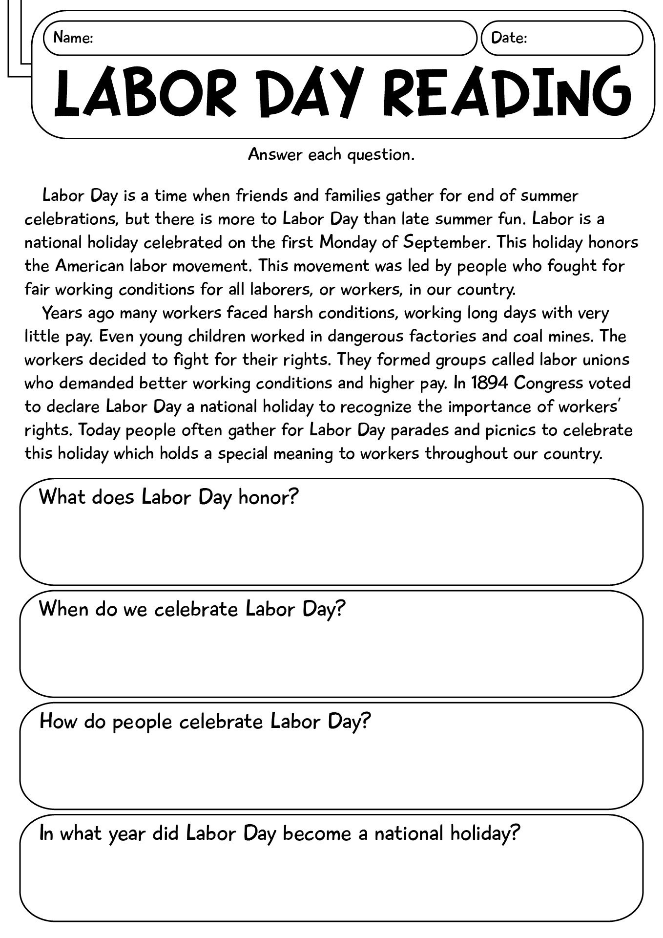 Labor Day Reading Comprehension Worksheets