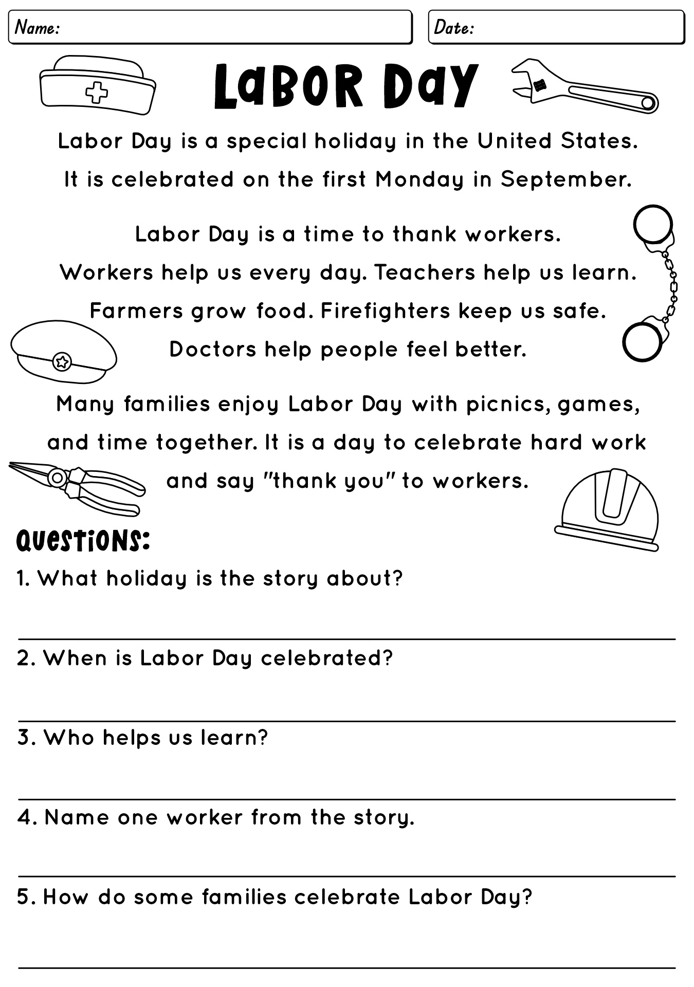 Labor Day Reading Passage For 1st Grade