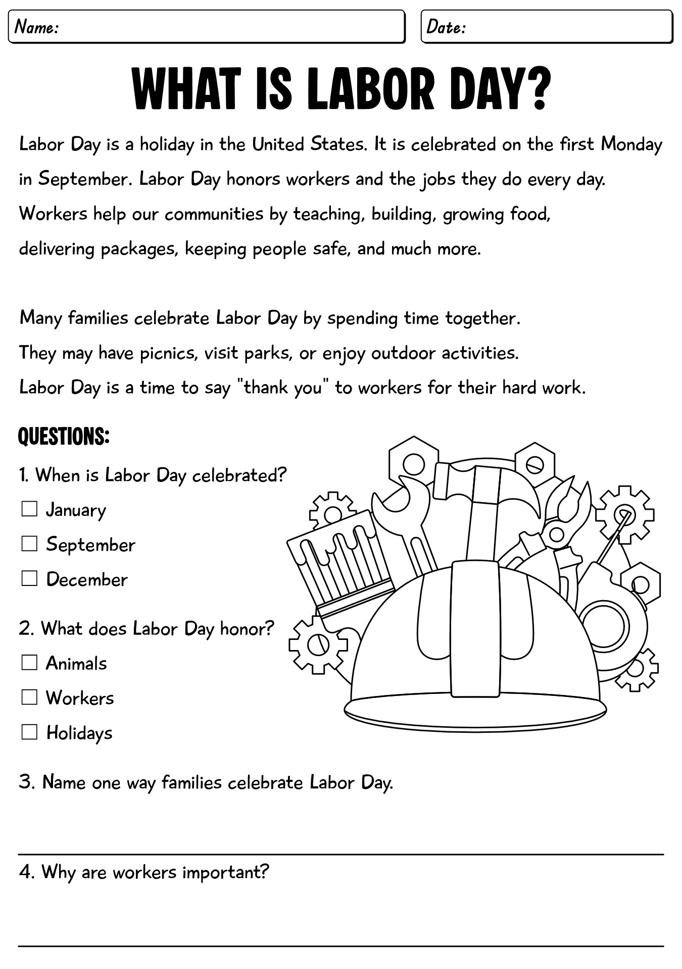 Labor Day Reading Passage Worksheet
