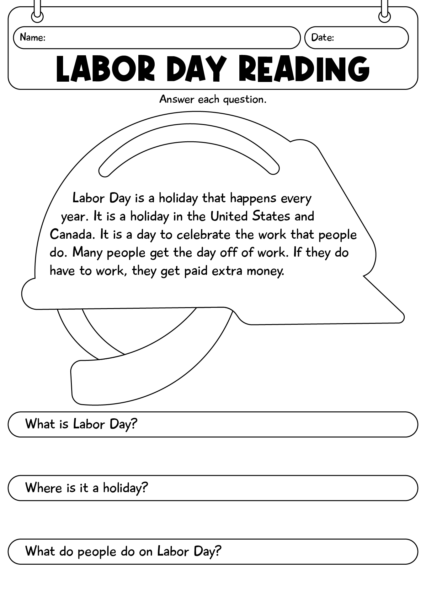 Labor Day Reading Passage Worksheet