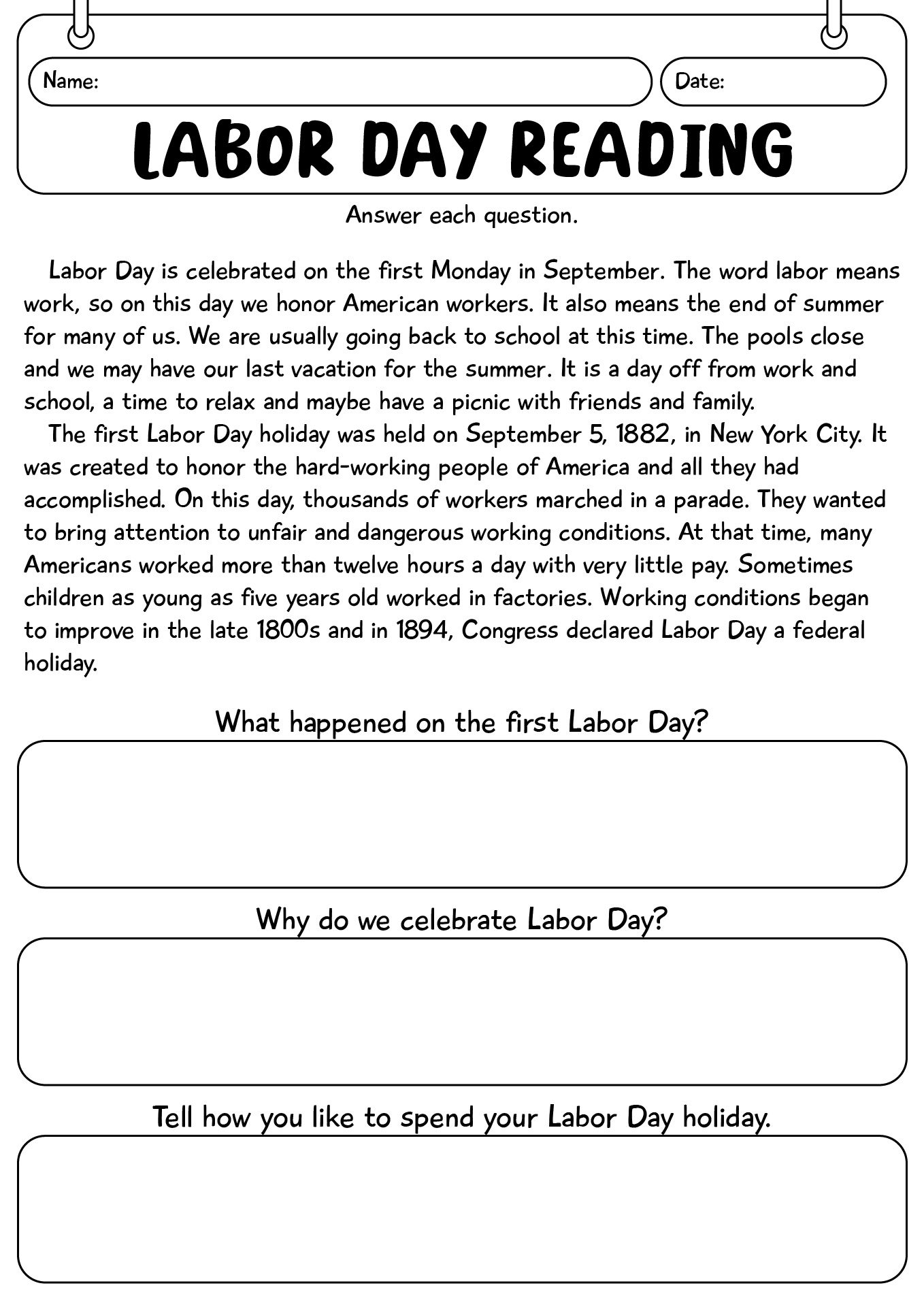 Labor Day Reading Worksheet