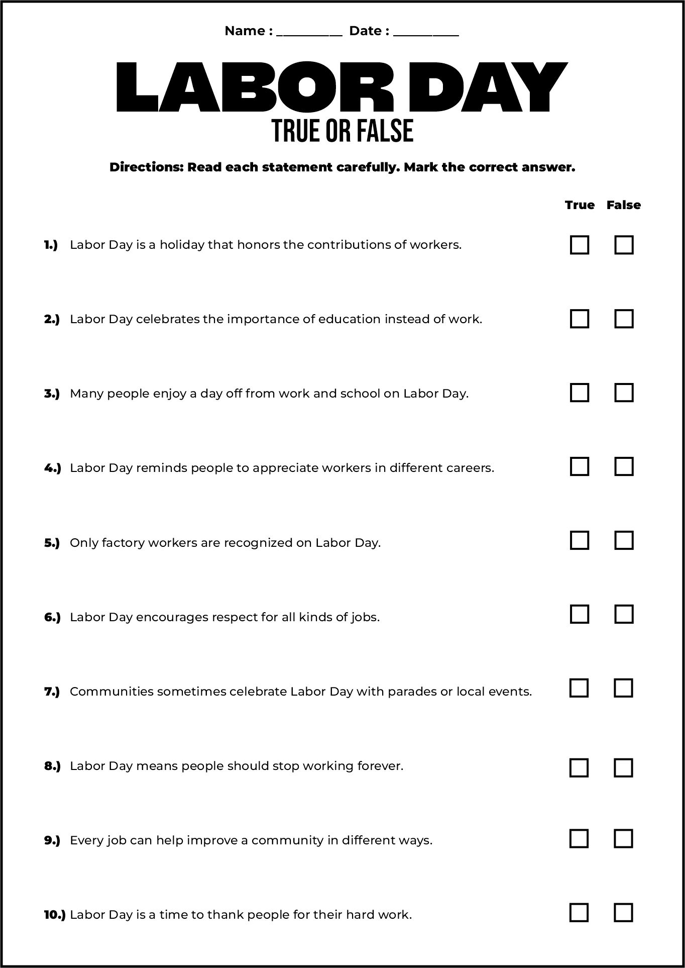 Labor Day Significance True or False Classroom Worksheet