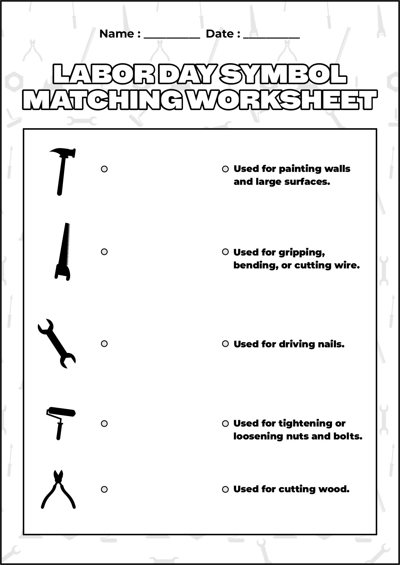Labor Day Symbol Matching Worksheet for Classroom