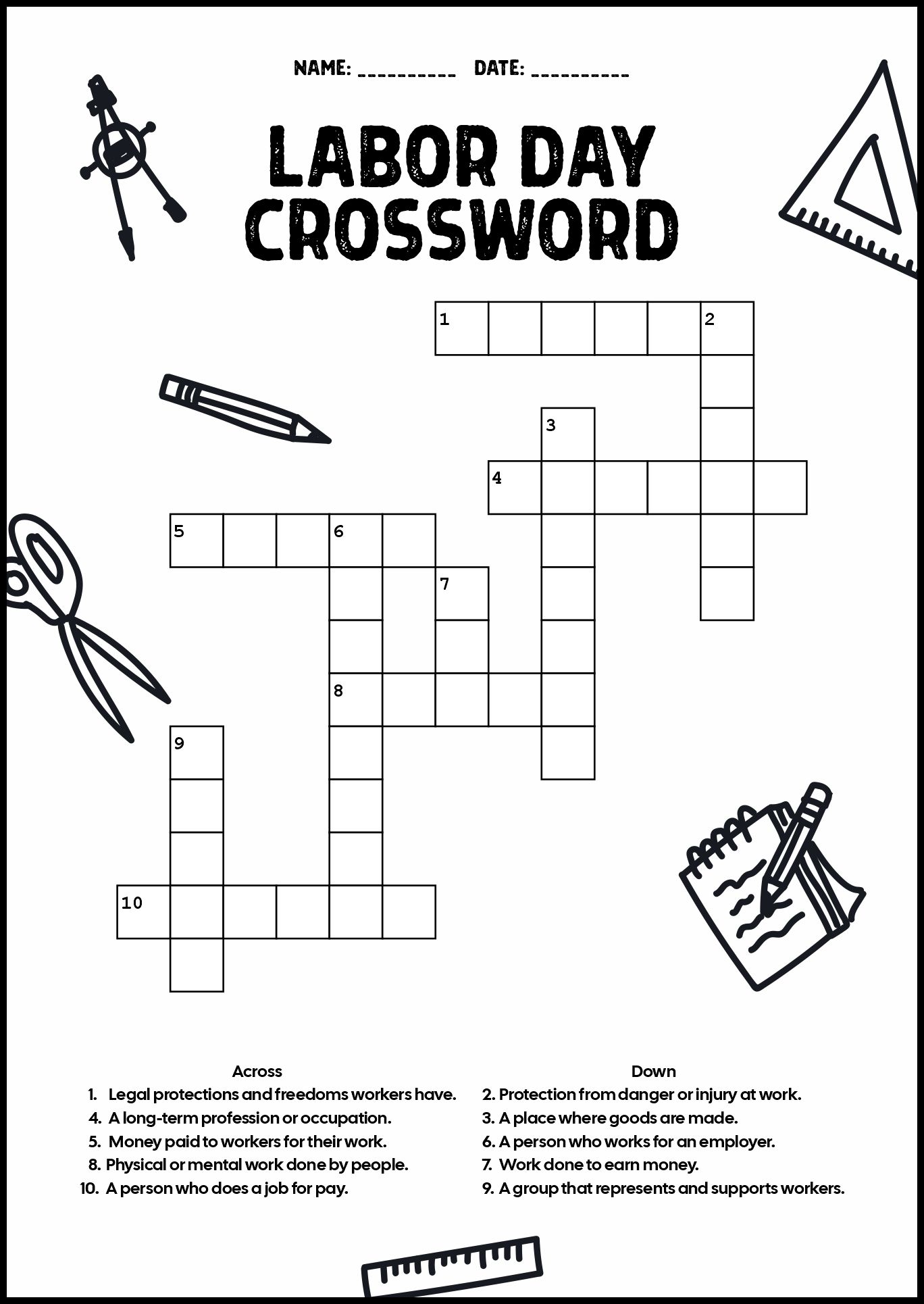 Labor Day Themed Crossword Puzzles for Middle School