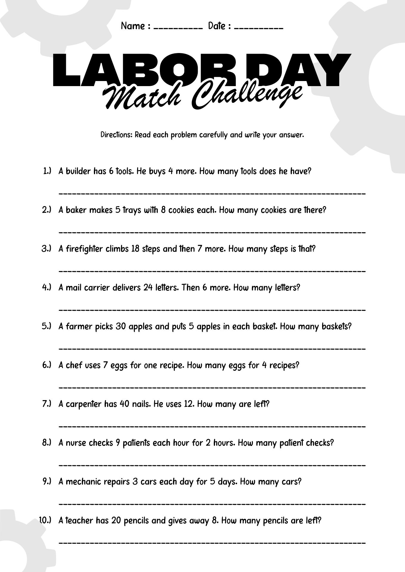 Labor Day Themed Math Problem Sheets