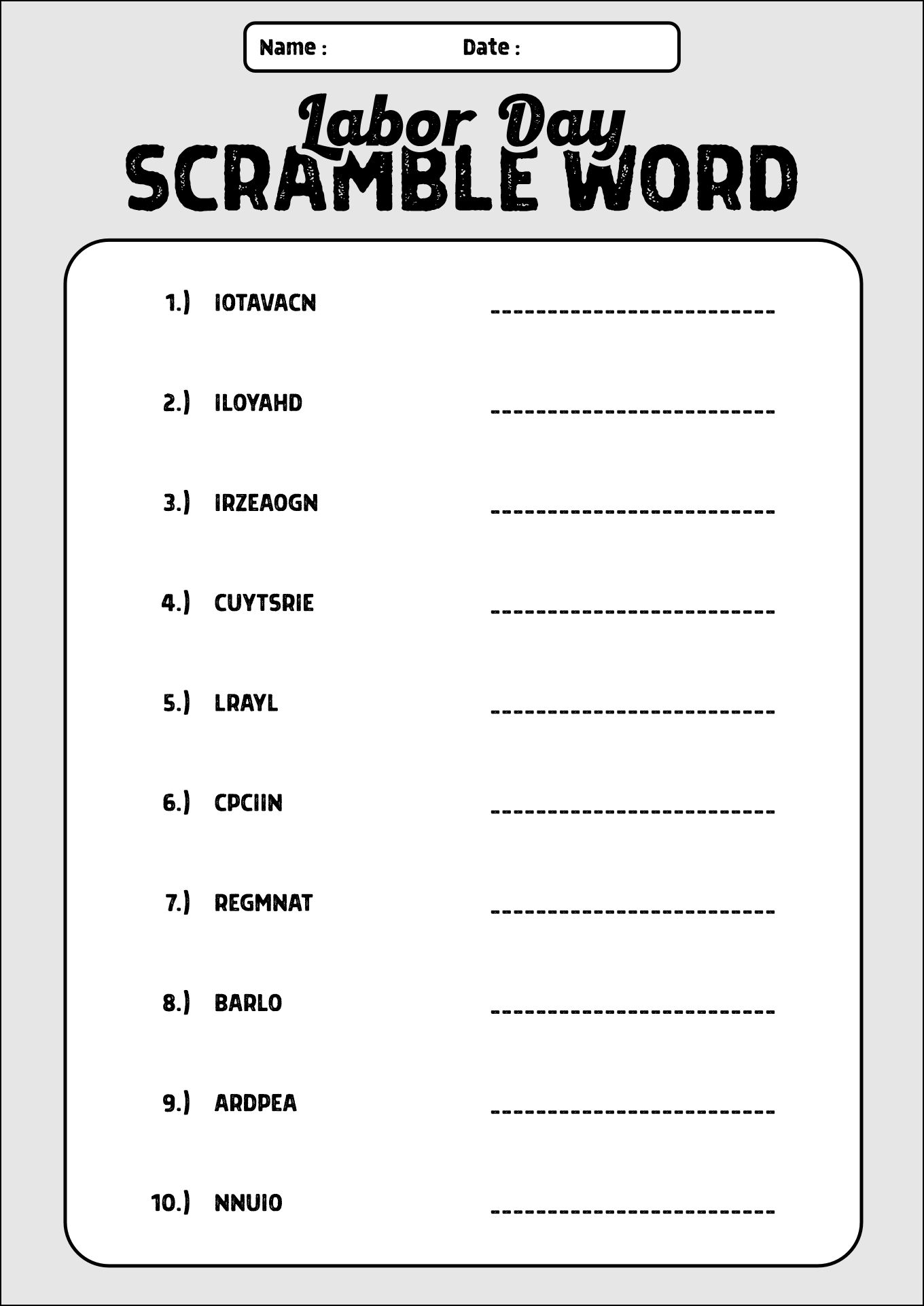 Labor Day Themed Scramble Words Activity for Students