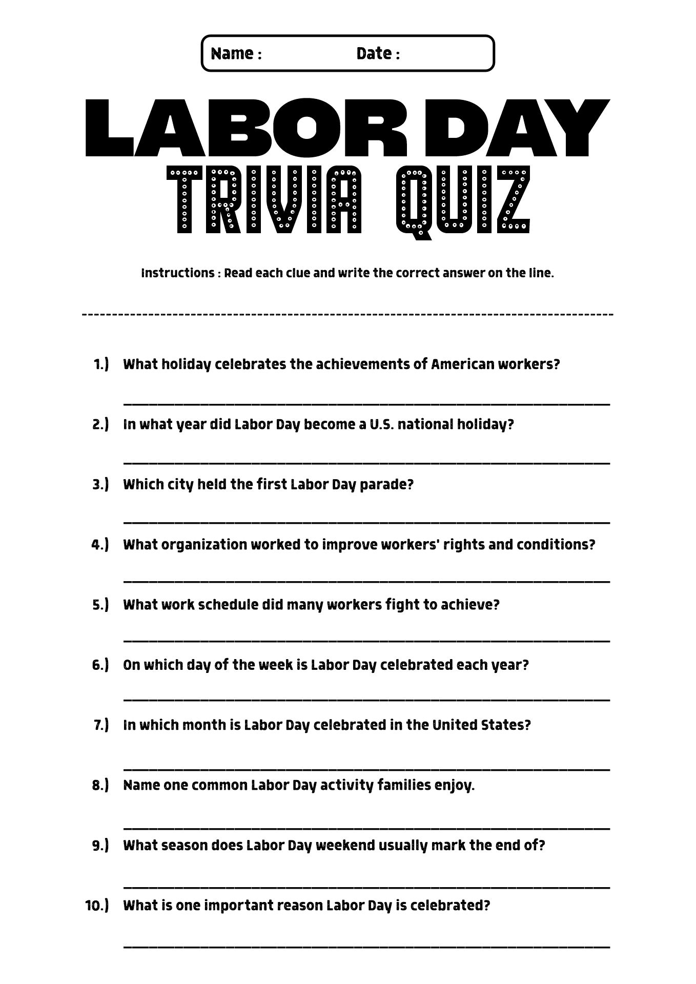 Labor Day Trivia Worksheets