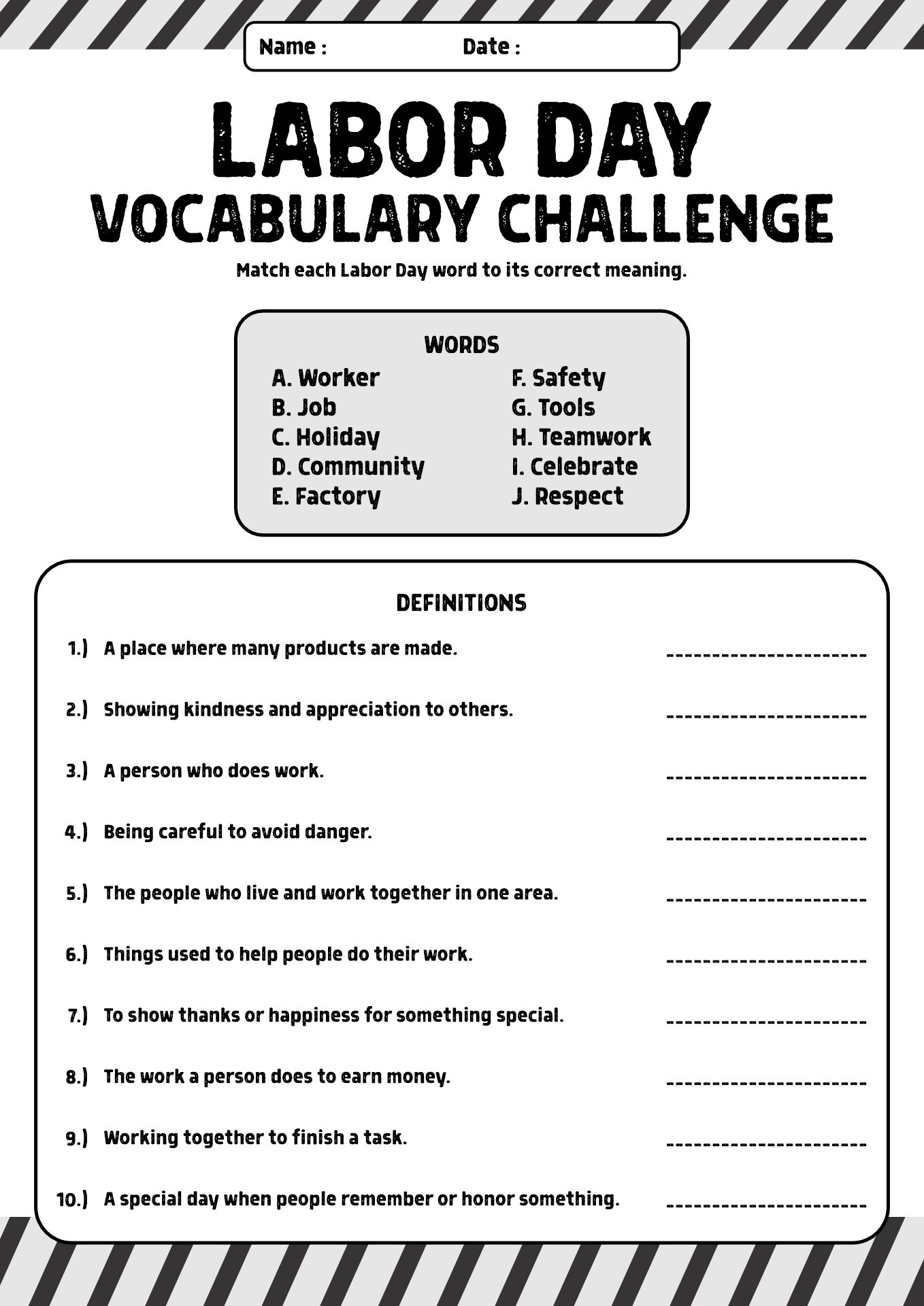 Labor Day Vocabulary Challenge for Elementary