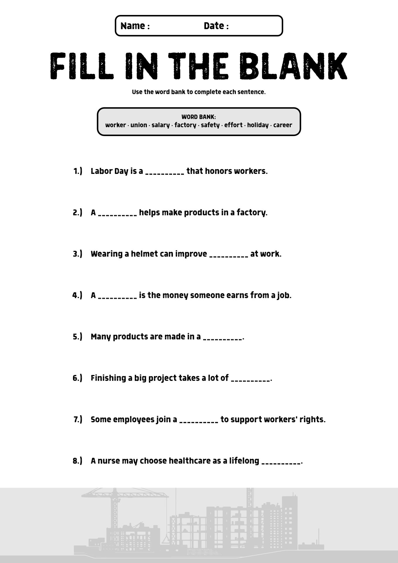 Labor Day Vocabulary Challenge Sheets