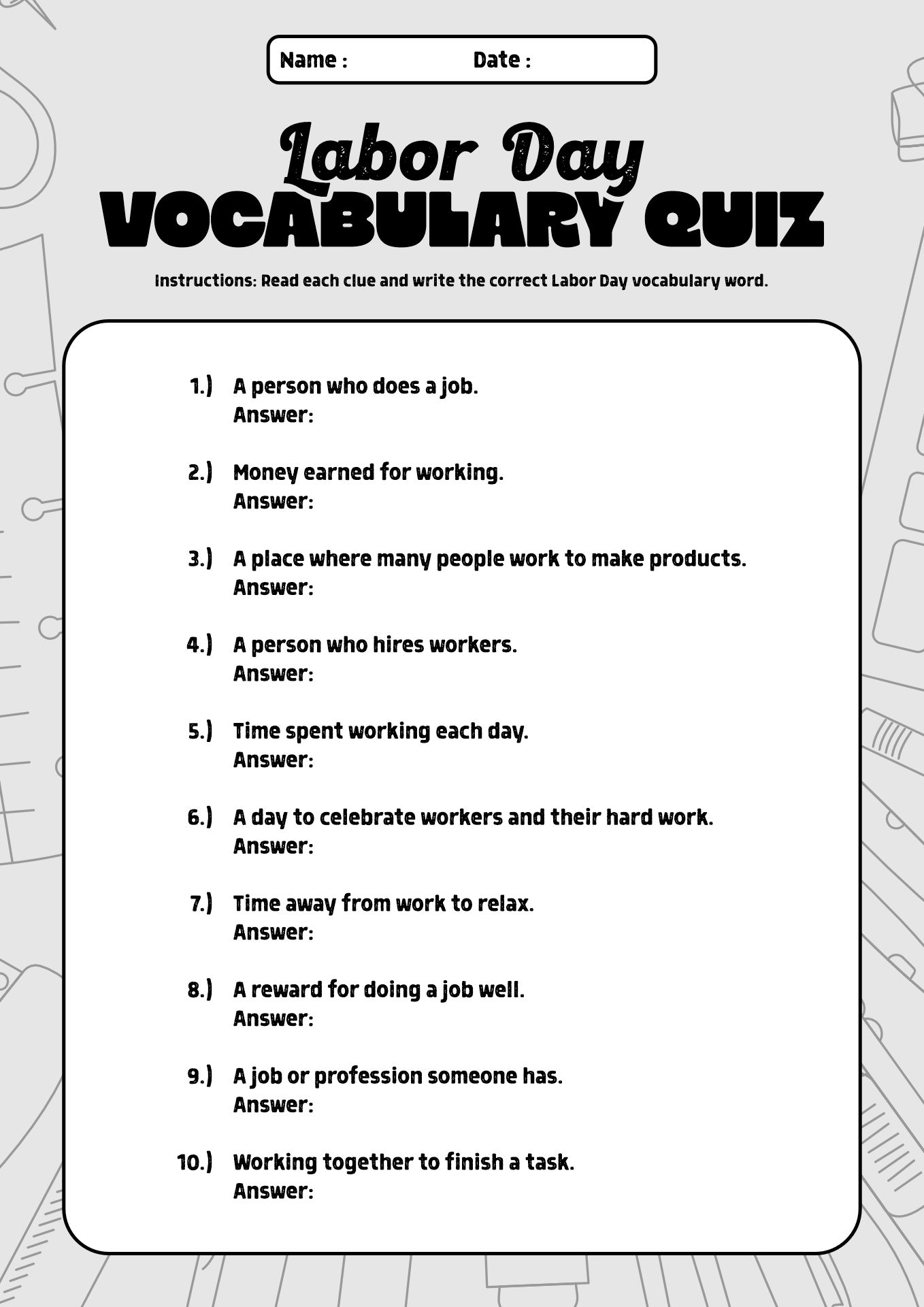 Labor Day Vocabulary Quiz Worksheet