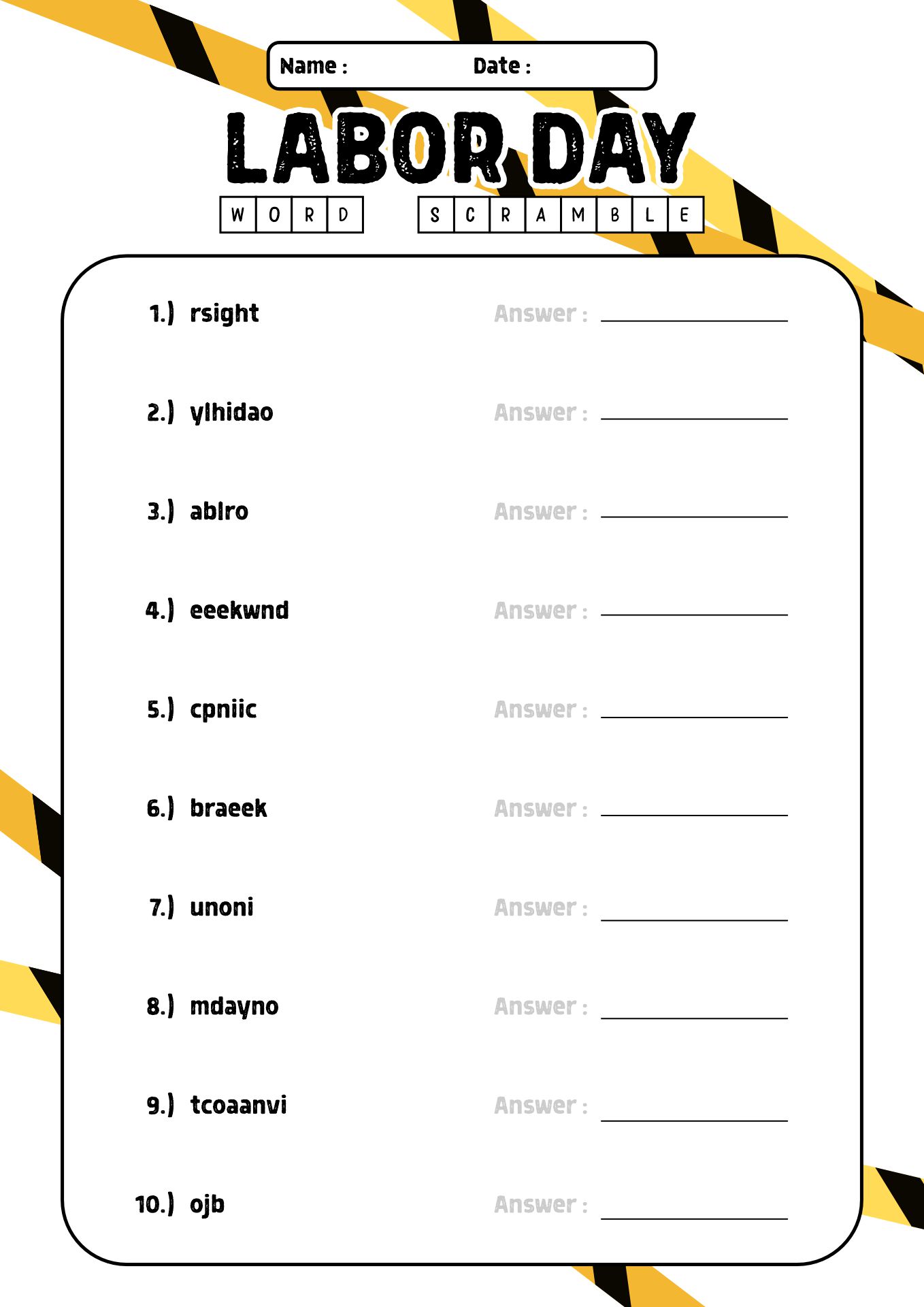 Labor Day Word Scramble Sheets