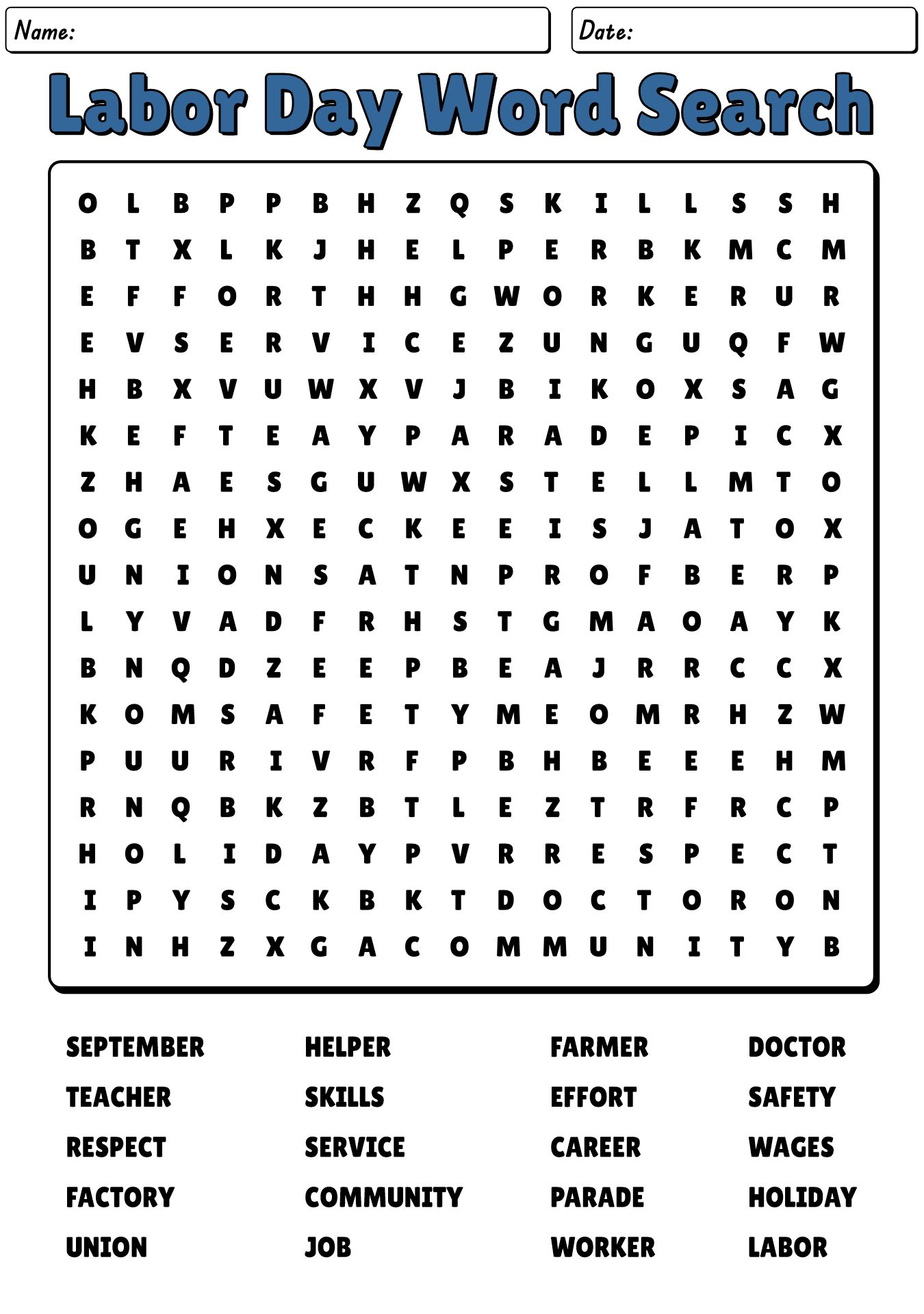 Labor Day Word Search Activity for 4th Graders