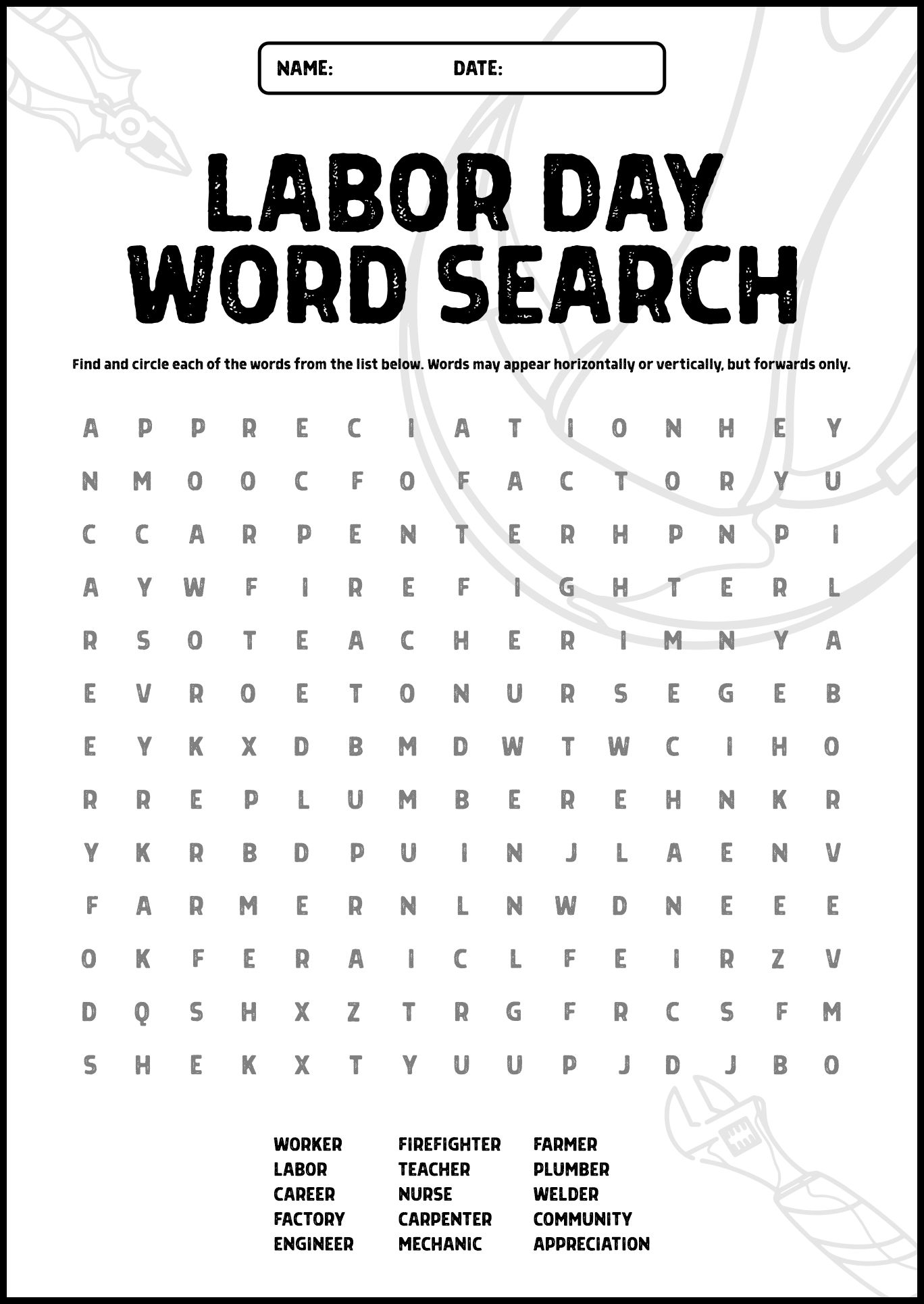 Labor Day Word Search Challenges for Grade 5